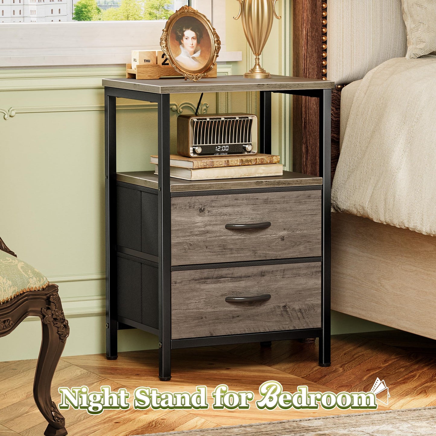 Huuger Night Stand Set of 2, Nightstand with 2 Drawers, Bed Side Table with Open Shelf, Wooden Top, End Table, Fabric Drawer with Oak Wooden Print Surface, for Bedroom