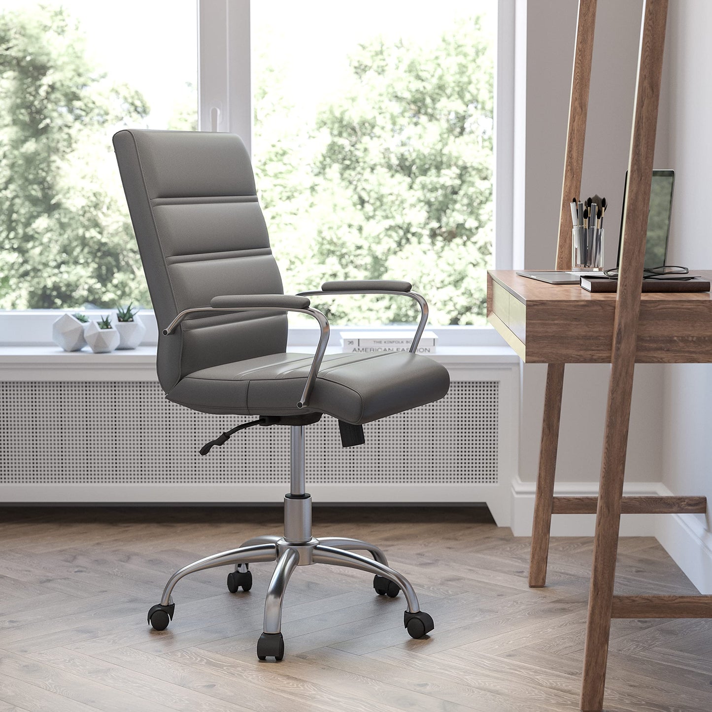 Flash Furniture Whitney Mid-Back Swivel LeatherSoft Desk Chair with Padded Seat and Armrests, Adjustable Height Padded Office Chair, Gray/Chrome