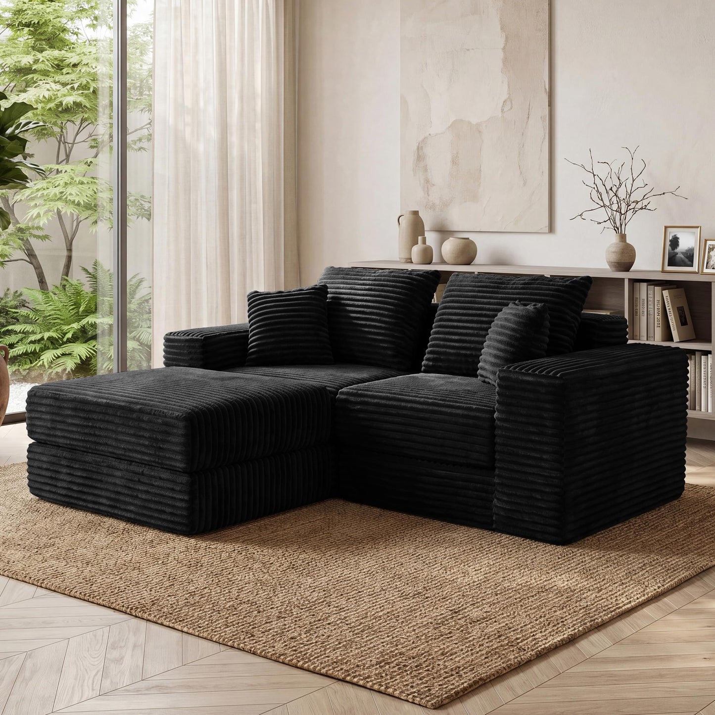 75'' L-Shaped Cloud Modular Sectional Couch with Chaise, Modern Corduroy Memory Foam Sofa Bed, Upholstered Boneless Deep Seat Fluffy Sleeper Sofa, for Living Room, No Assembly Needed (Black)
