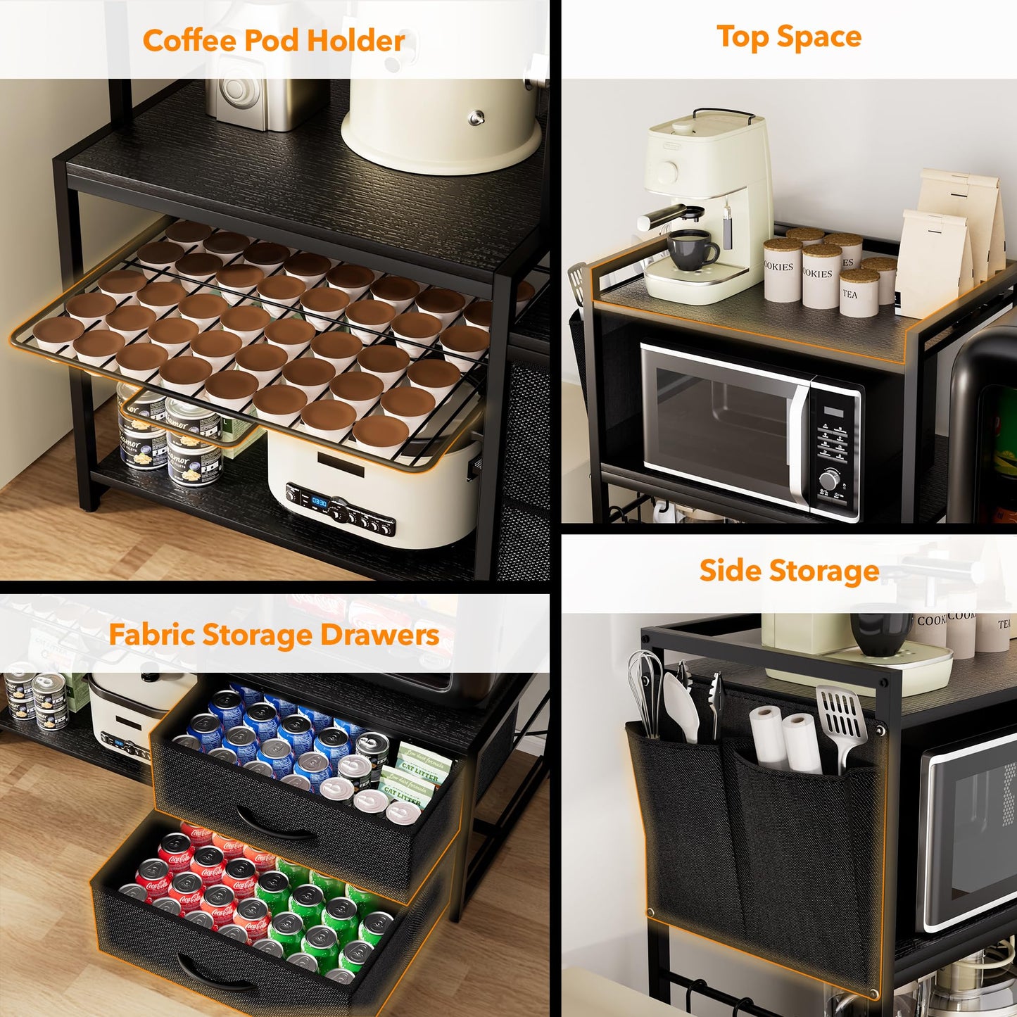 POZILAN 47" Adjustable Mini Fridge Stand with Storage, 5-Tier Mini Fridge Shelf with Power Outlet, Sturdy Coffee Bar Station with Pod Storage, Microwave Stand for Dorm, Office, Kitchen, Black