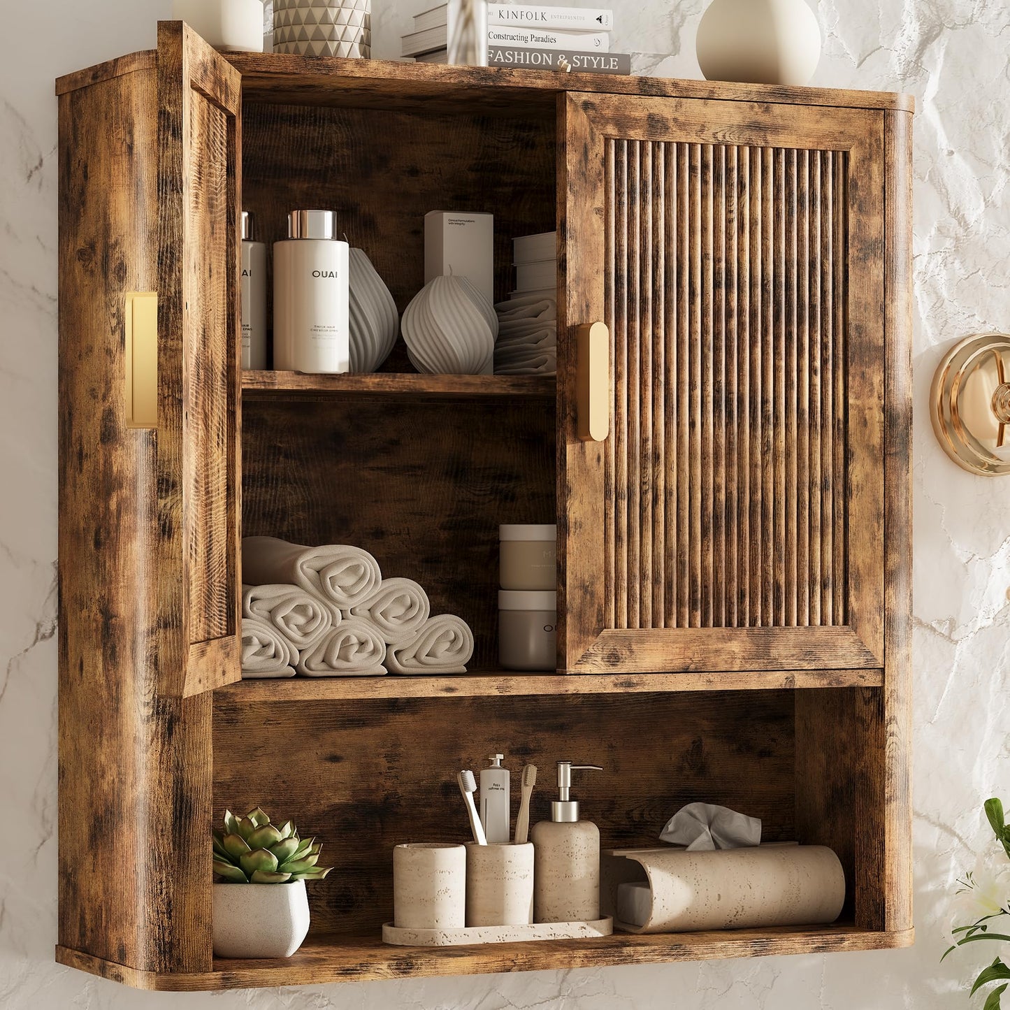 INNOD Bathroom Wall Cabinet, Wall-Mounted Medicine Cabinet with Adjustable Wood Shelf & Doors, Floating Bathroom Cabinet Over Toilet for Laundry Room & Kitchen & Living Room (Retro)