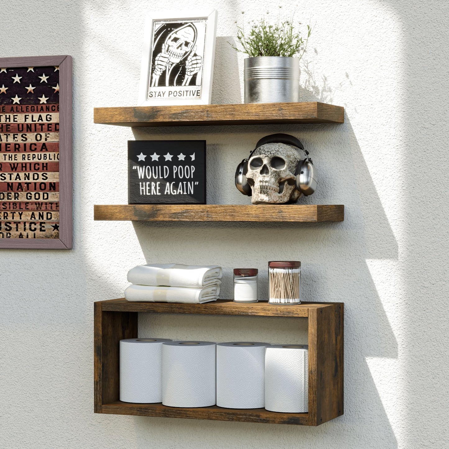 RICHER HOUSE Floating Shelves Set of 3, Modern Bathroom Shelves Wall Mounted Shelves with Invisible Brackets Over Toilet, Rustic Wall Shelves for Bathroom Bedroom, Living Room, Kitchen - Brown