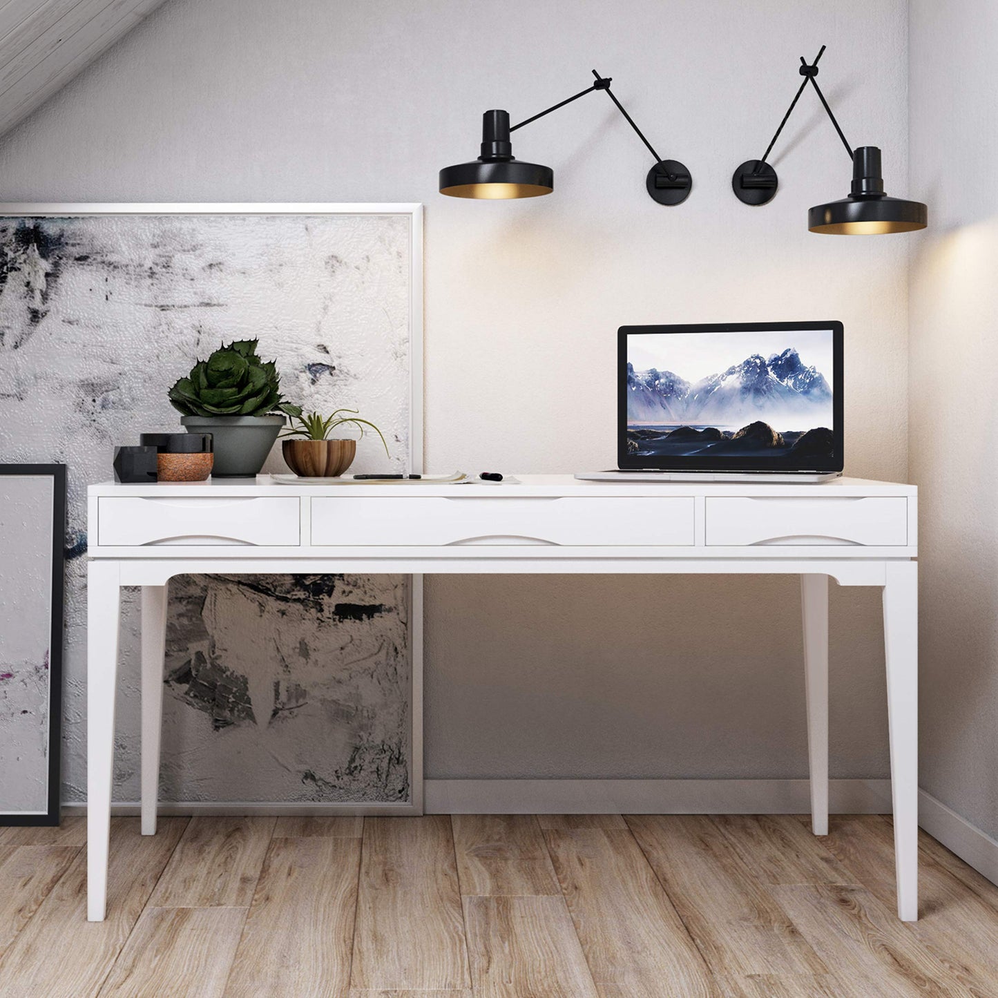 SIMPLIHOME Harper Desk - 60 Inch Wide Solid Wood Writing Desk in White, Mid-Century Modern Home Office Computer Table for Workspace or Study with 2 Drawers and Flip-Down Keyboard Tray
