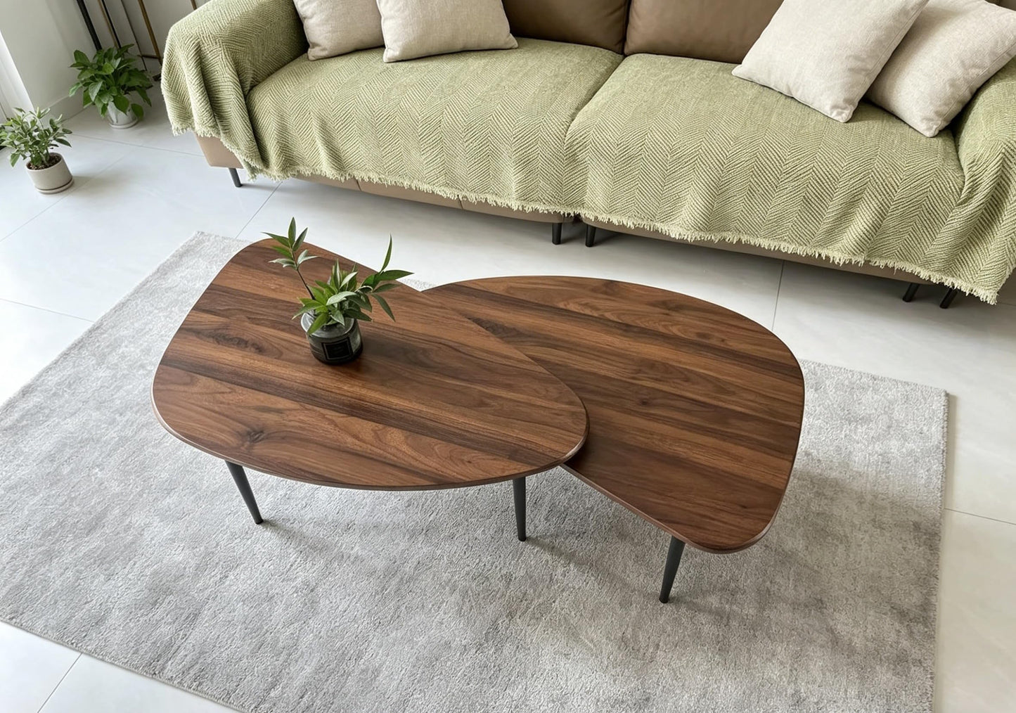Nesting Coffee Table Set of 2 Coffee Tables Nesting Tables for Living Room Wooden Small Table Triangle Walnut Mid-Century Modern