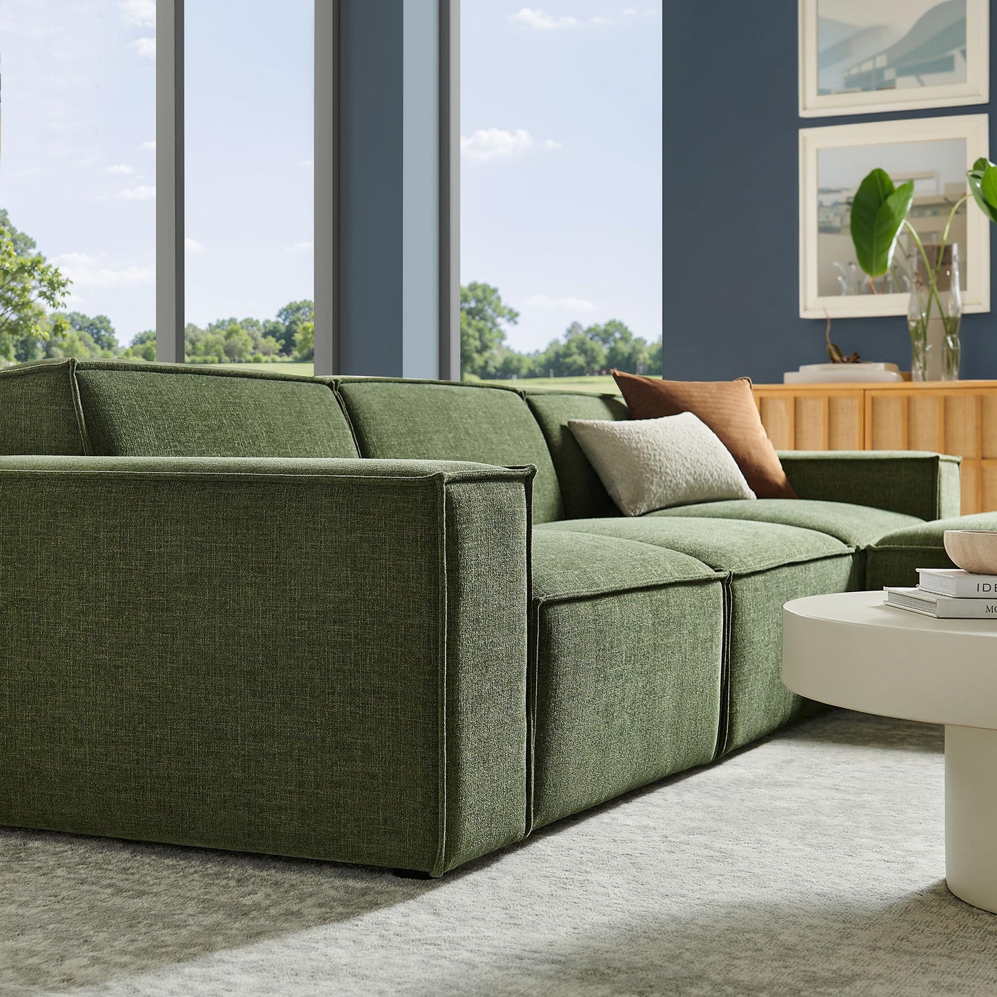 Modway Restore Performance Fabric Upholstered 4-Piece Modular Sofa Set with Ottoman in Foliage - Low Profile Sectional Sofa with Coil Seat Support and French Piping