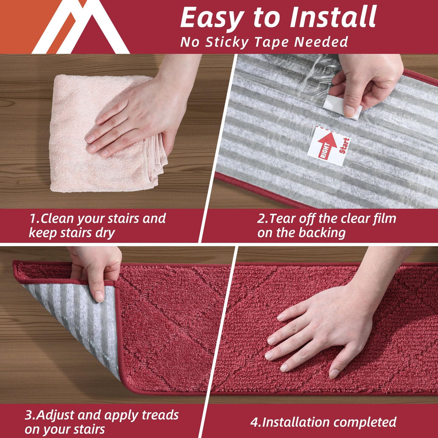 COSY HOMEER Edging Stair Treads Non-Slip Carpet Mat 28inX9in Indoor Stair Runners for Wooden Steps, Edging Stair Rugs for Kids and Dogs, 100% Polyester TPE Backing (4pc, Red)