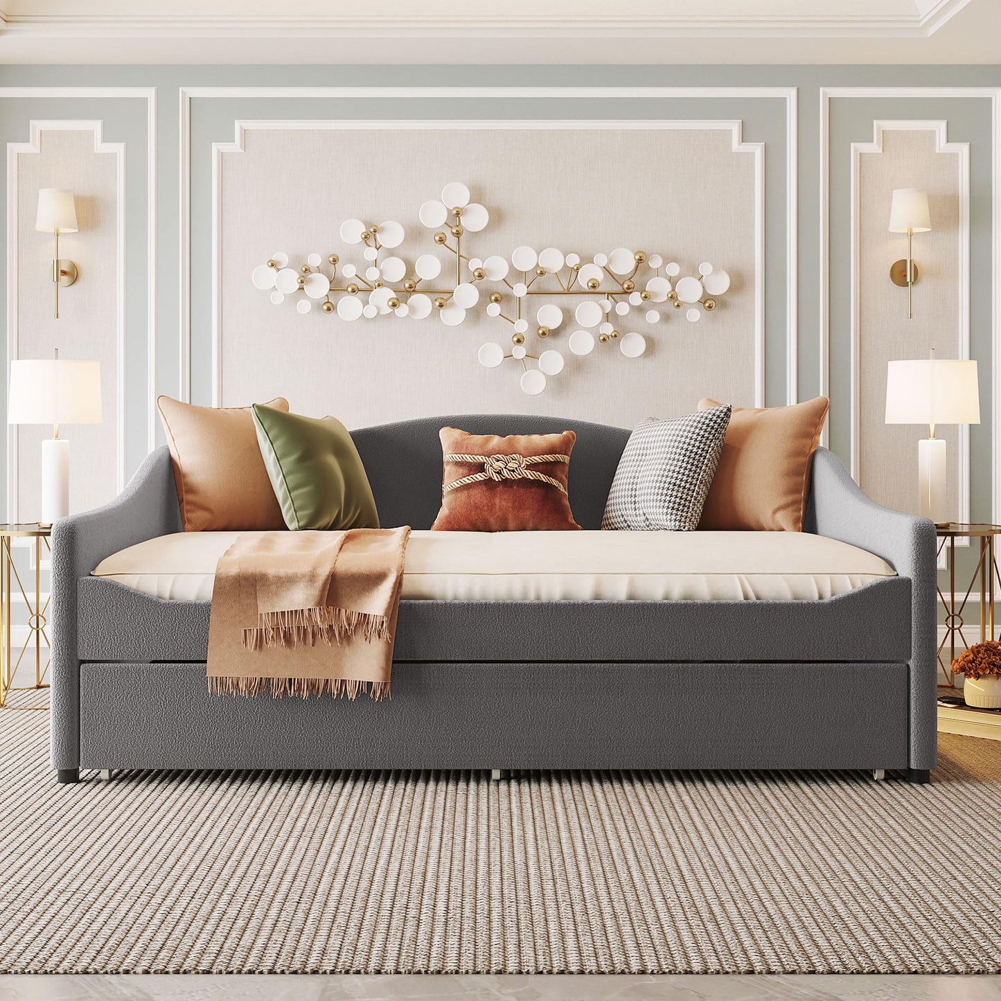 Jintop Teddy Fleece Full Size Upholstered Daybed with LED Light and Trundle,Modern Wood Platform Bed W/Side Stripes,Easy Assembly,for Bedroom,Living Room,Guestroom,Gray