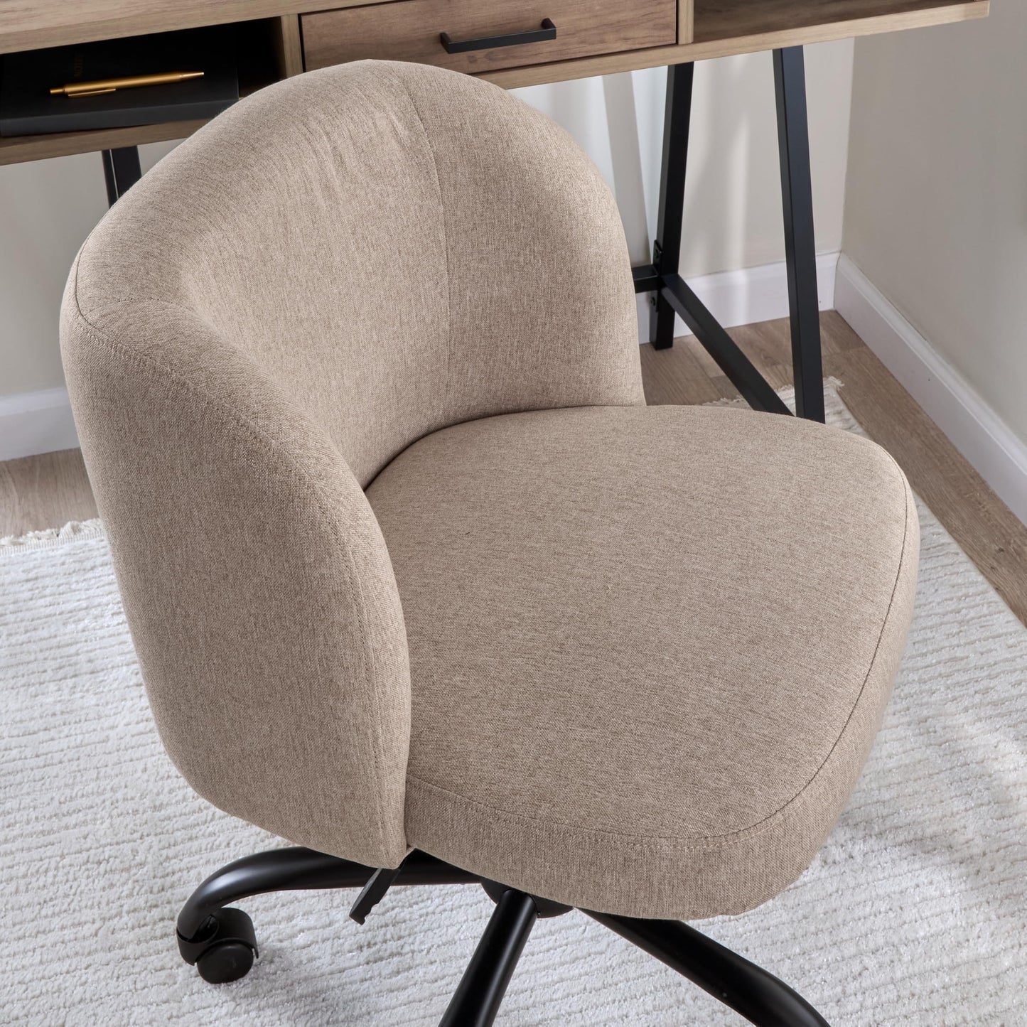 Bush Home Armless Desk Chair for Home Office, Adjustable Seating with Wheels and Swivel Base, Pembroke Collection, Beige Fabric Upholstery