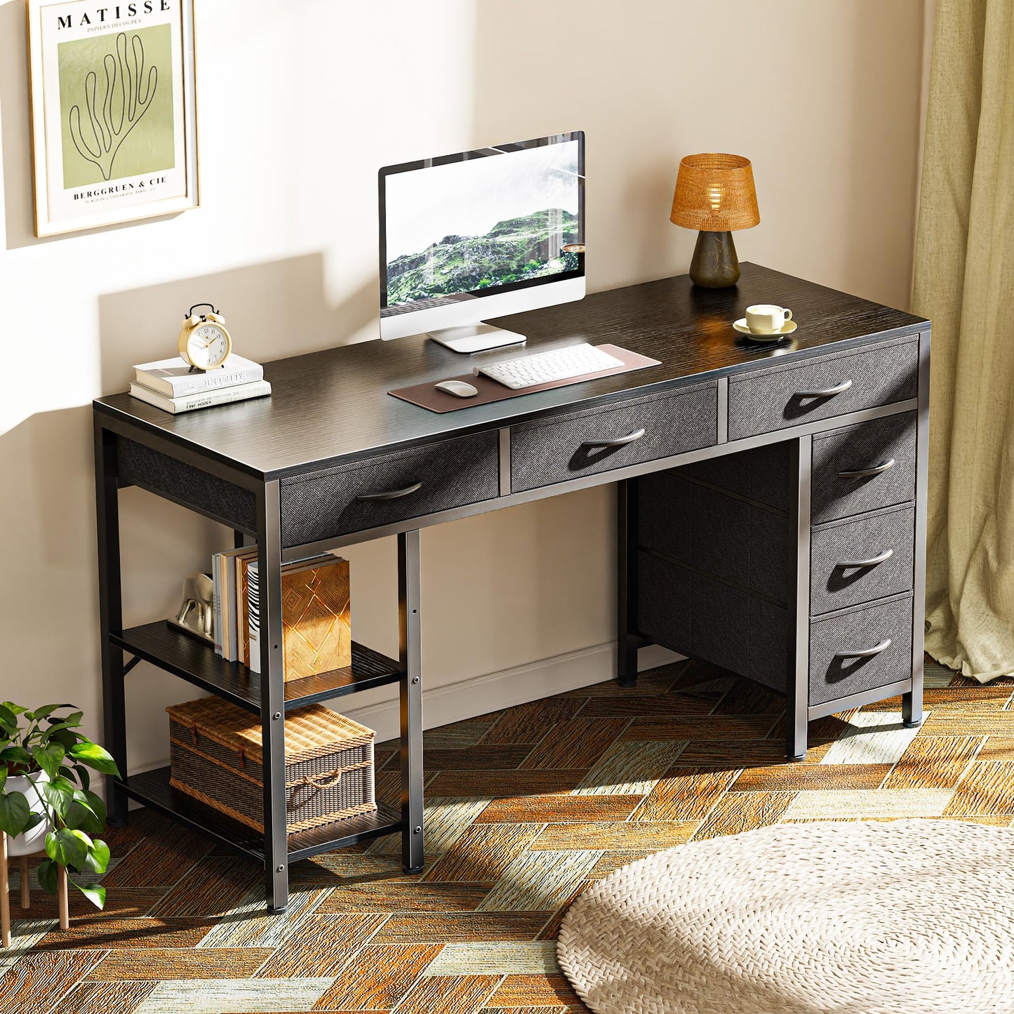 Huuger Computer Desk with 6 Drawers, Office Desk with Shelves, Reversible Gaming Desk, Corner Desk with Storage, Work for Home Office, Study, Living Room, 47inch, Black