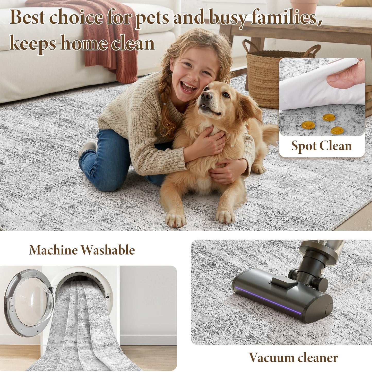 ELLIUNE 5x7 Area Rugs Living Room: Washable Non Slip Soft Abstract Gray Rugs for Bedroom Dining Deor, Low Pile Stain Resistant Indoor Carpet for Farmhouse Nursery Office Kid & Pet Friendly