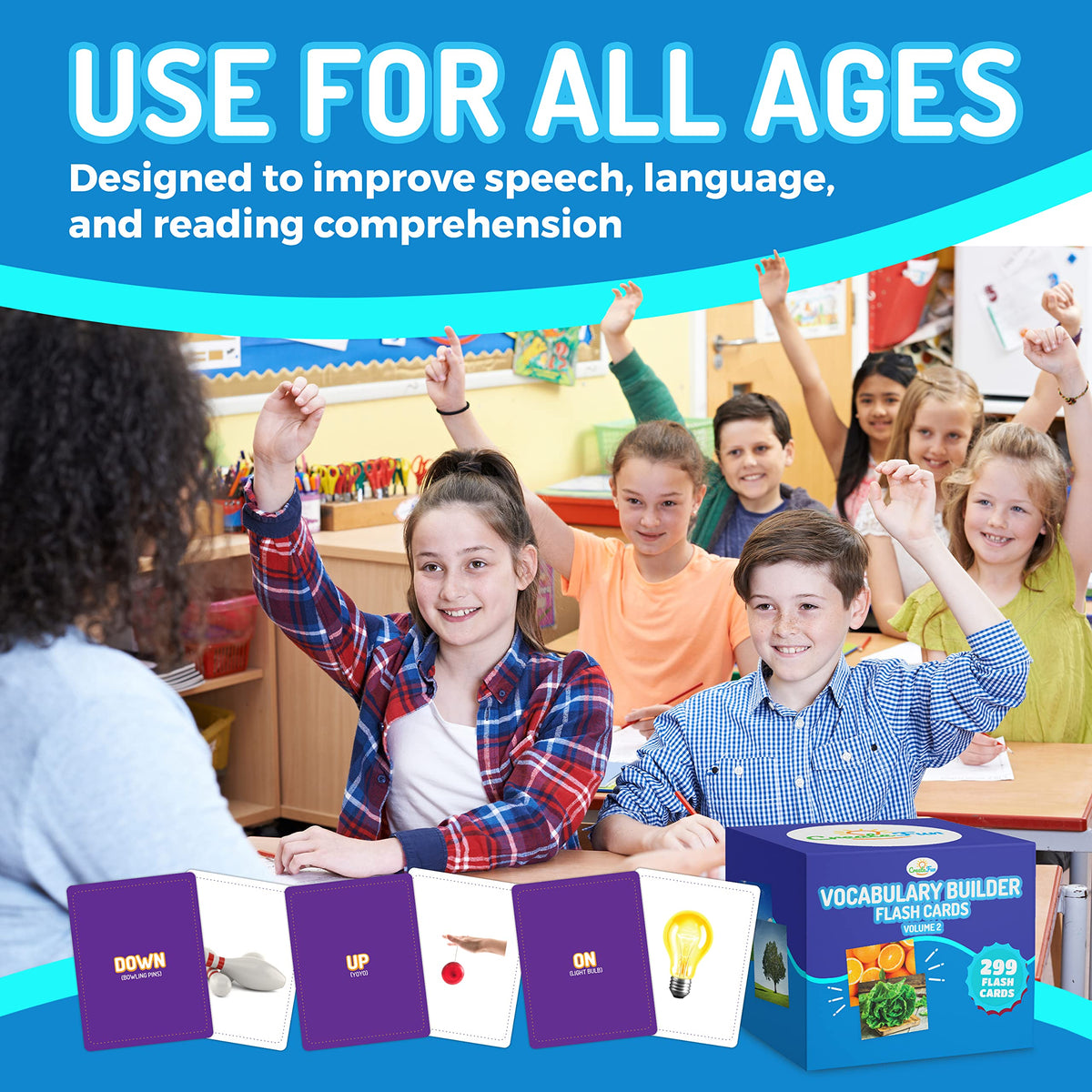 300 Vocabulary Builder Flash Cards Vol 2, Photo Cards Learning Materials for Speech Therapy, ESL, Autism, Homeschool & Kids Includes Emotions, Go Together Opposites, Noun Food, Prepositions, Verbs