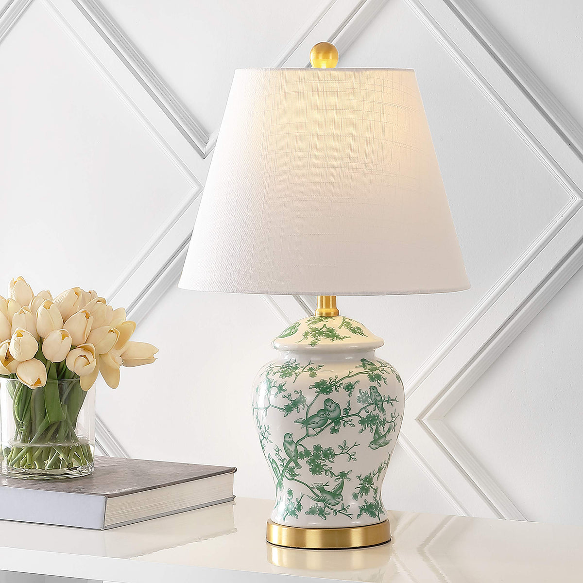 JONATHAN Y 22" White/Green Ceramic Table Lamp, French Country Chinoiserie Ginger Jar LED Bedside Lamp for Living Room Bedroom, White Linen Shade (JYL3005B)