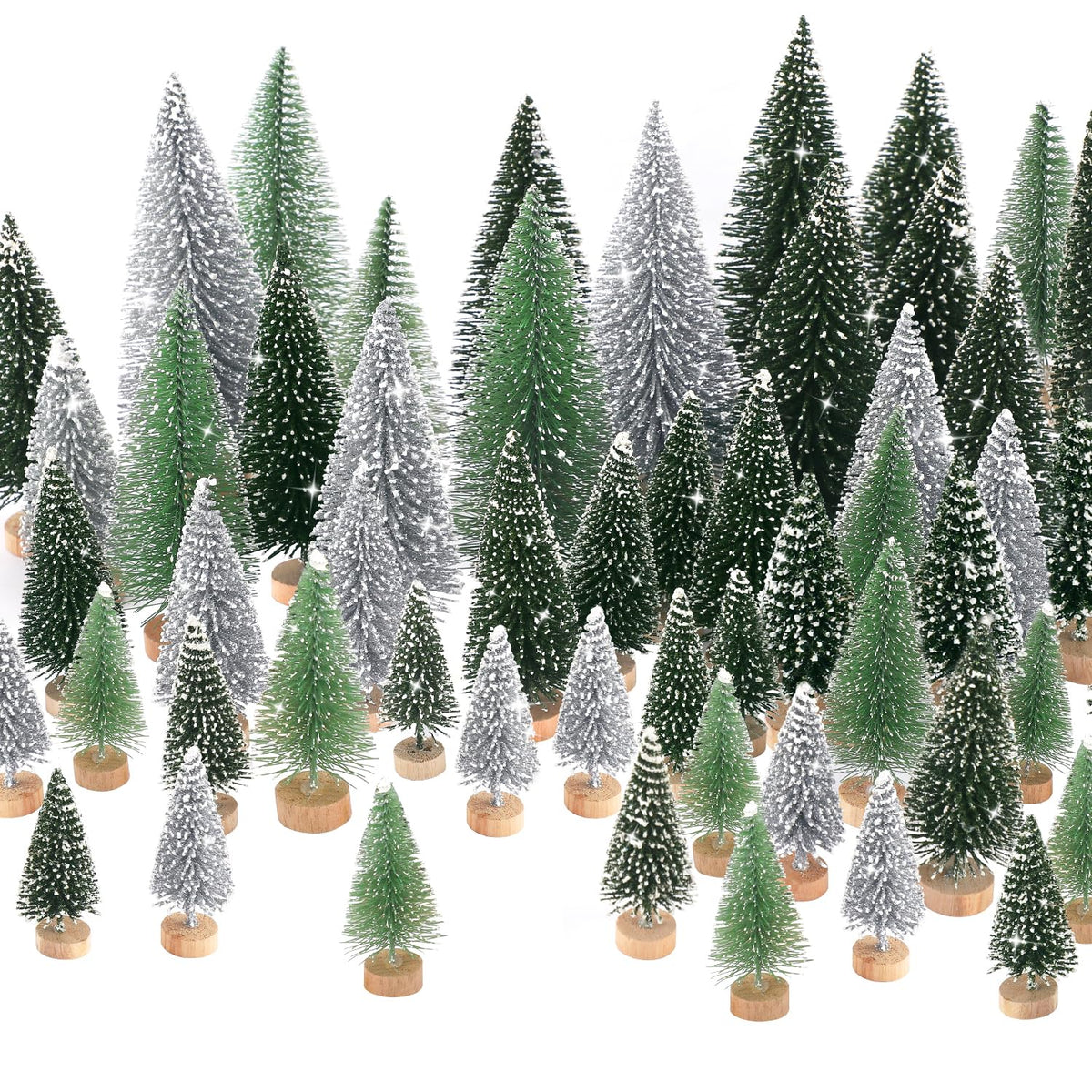 30Pcs Mini Christmas Tree Decor, Artificial Christmas Tree 5 Sizes,Mini Sisal Snow Frost Trees with Wooden Base for Christmas Decor Christmas Party Home Table Craft Decorations (A-Green/Silver)