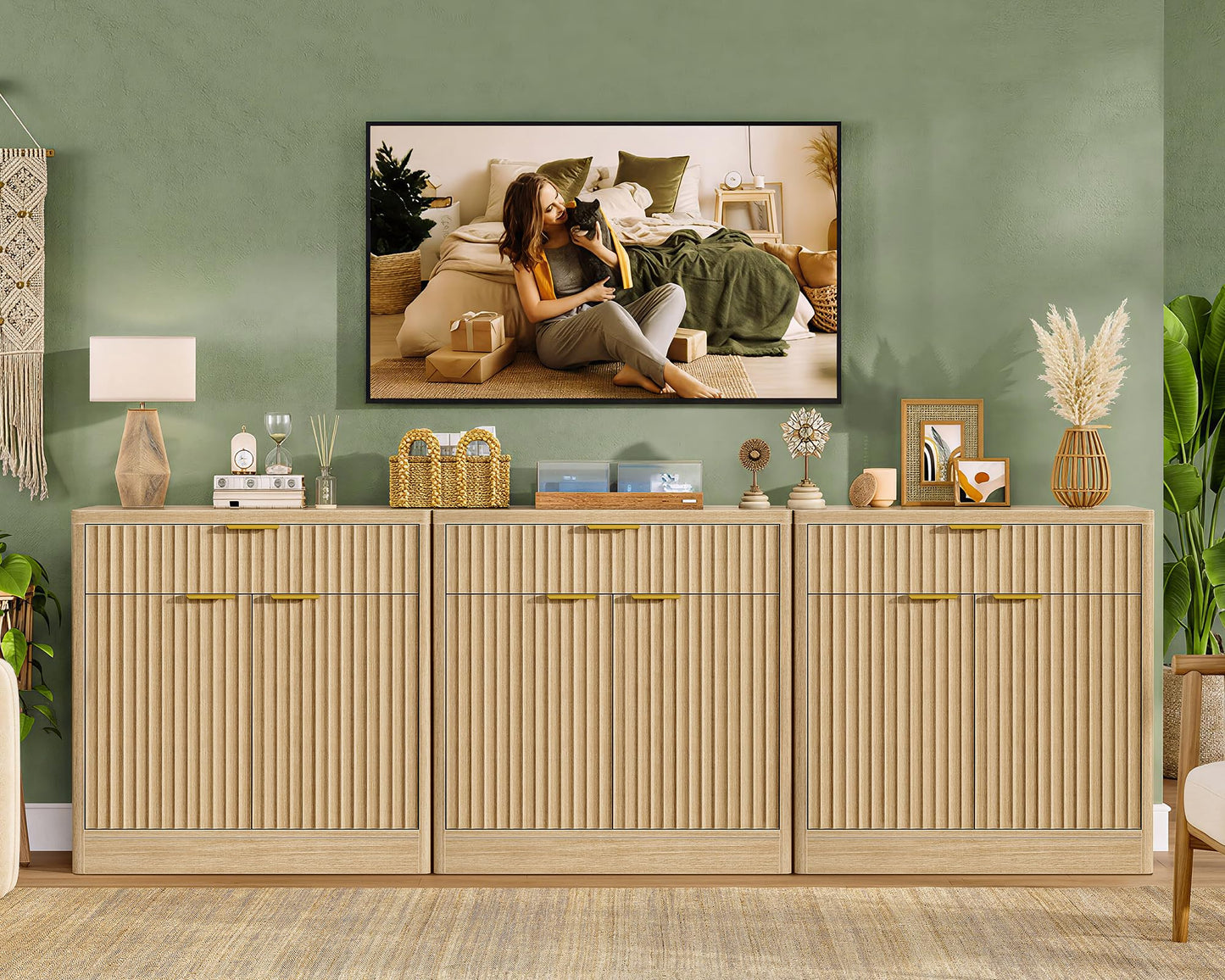 TEENFON 31.5" W Storage Cabinet with Drawer and Adjustable Shelf, Coffee Bar Cabinet, Fluted Sideboard Buffet Cabinet with 2 Doors for Living Room, Kitchen, Entryway, Natural