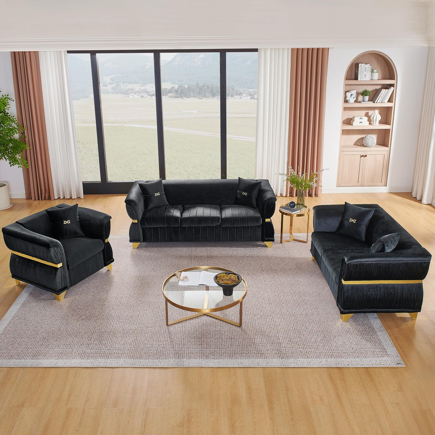 KEIKI 3-Piece Luxury Chesterfield Sofa Set with 1 Oversized Velvet 3-Seater Sofa & 1 Loveseat & 1 Single Sofa, 6-Seater Couch Set with 5 Pillow and Gold Stainless Decoration, for Living Room, Black