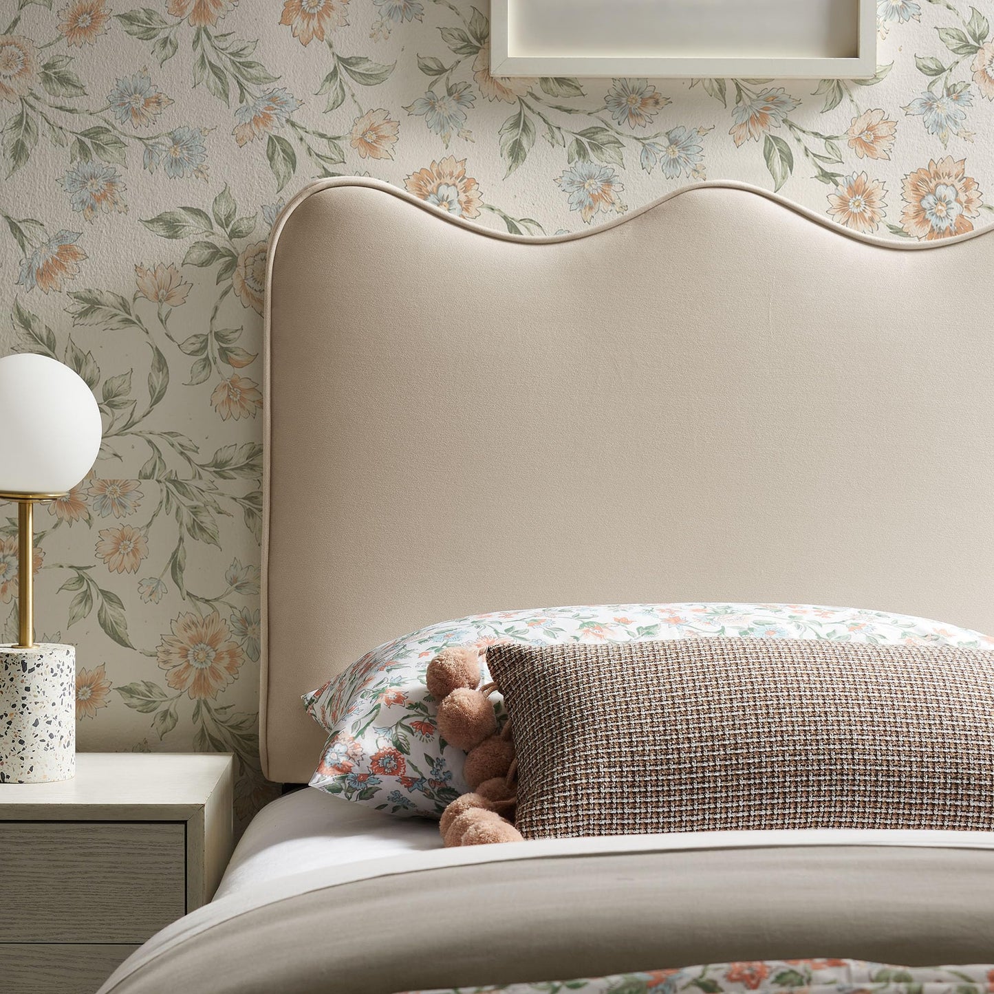 Monday Athena Twin Size Performance Velvet Adjustable Headboard in Almond - with Scalloped Wave Design and Stain-Resistant Velvet Upholstery
