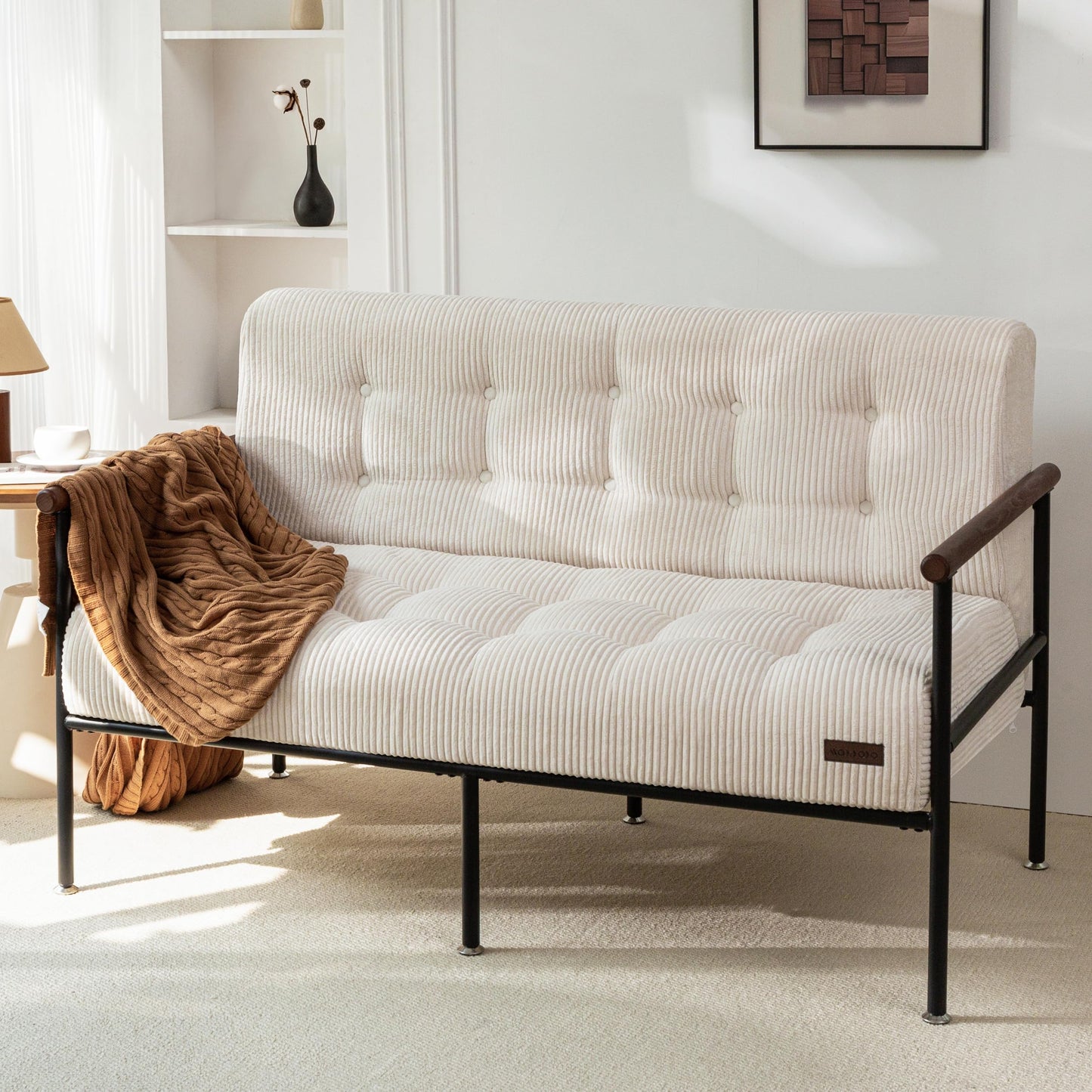 MAXYOYO Loveseat Sofa, Button Tufted Upholstered Small Couch for Living Room, Modern Love Seat Couches with Metal Frame & Wood Armrests for Bedroom Office, Easy to Install, Beige