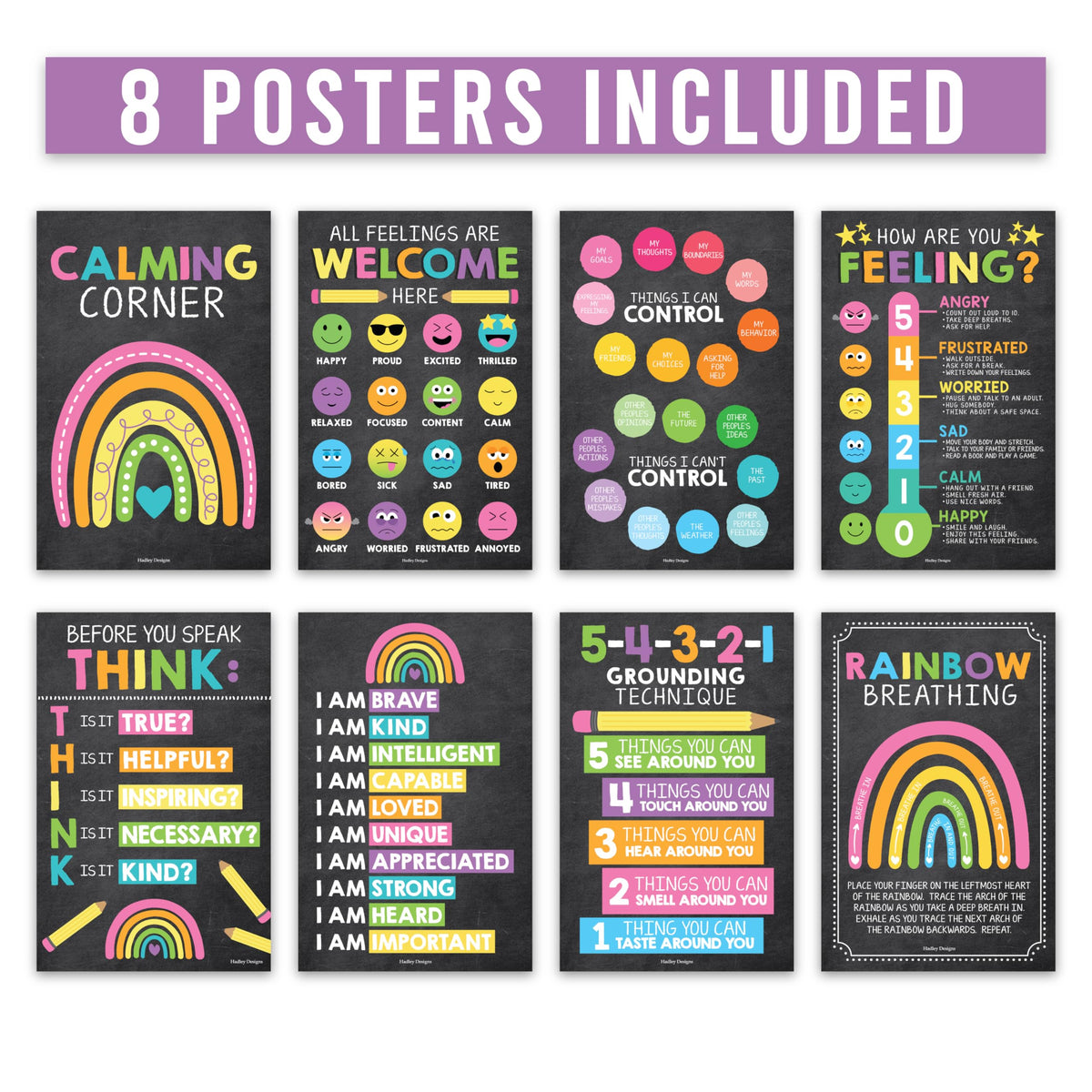 Hadley Designs 8 Calming Corner Posters for Classroom Must Haves -Calm Down Corner Supplies with Emotion Chart,School Counselor Mental Health Poster,Feelings Chart For Kids, Chalkboard Classroom Decor