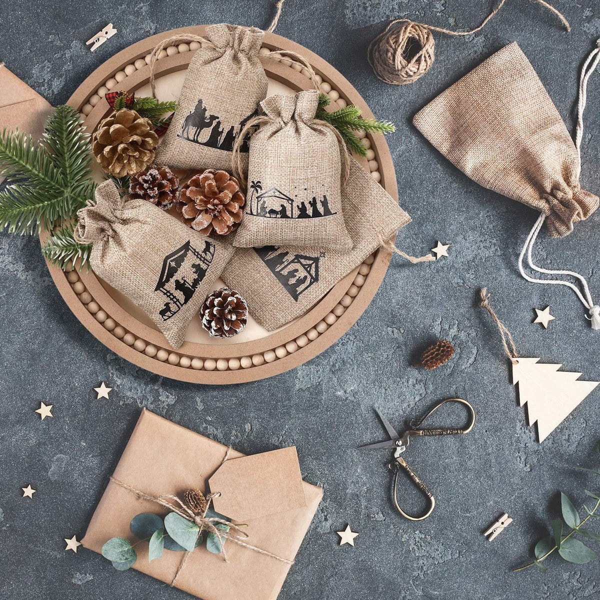 Kinlop 24 Pieces Christmas Nativity Burlap Gift Bags with Drawstrings 6 Designs Christmas Holiday Goody Treat Bags Linen Wrapping Candy Pouches Jewelry Pouches for Xmas New Year Party Favors