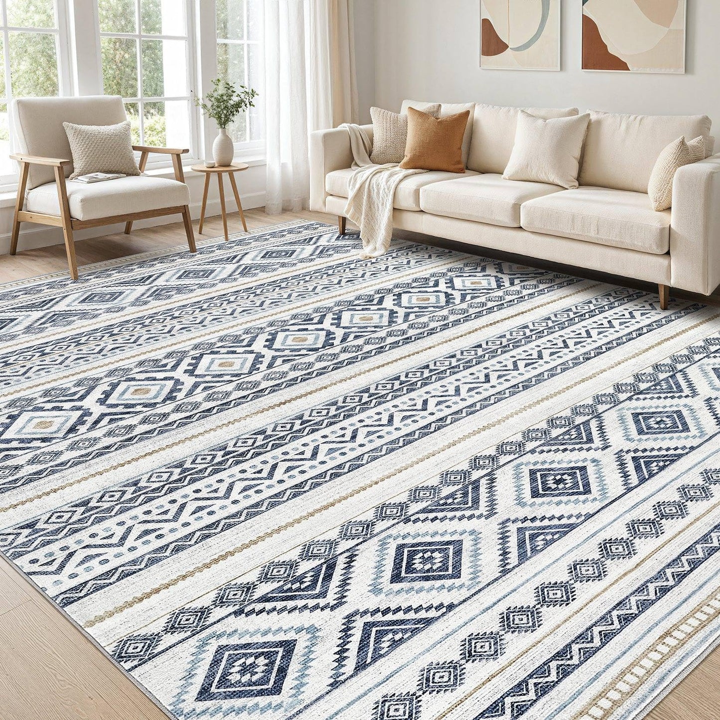 cotiled 5x7 Area Rugs Living Room Rug: Washable Boho Rugs with Non Slip Backing Large Soft Indoor Stain Resistant Carpet for Bedroom Farmhouse Dining Room Lightweight Home Decor Blue