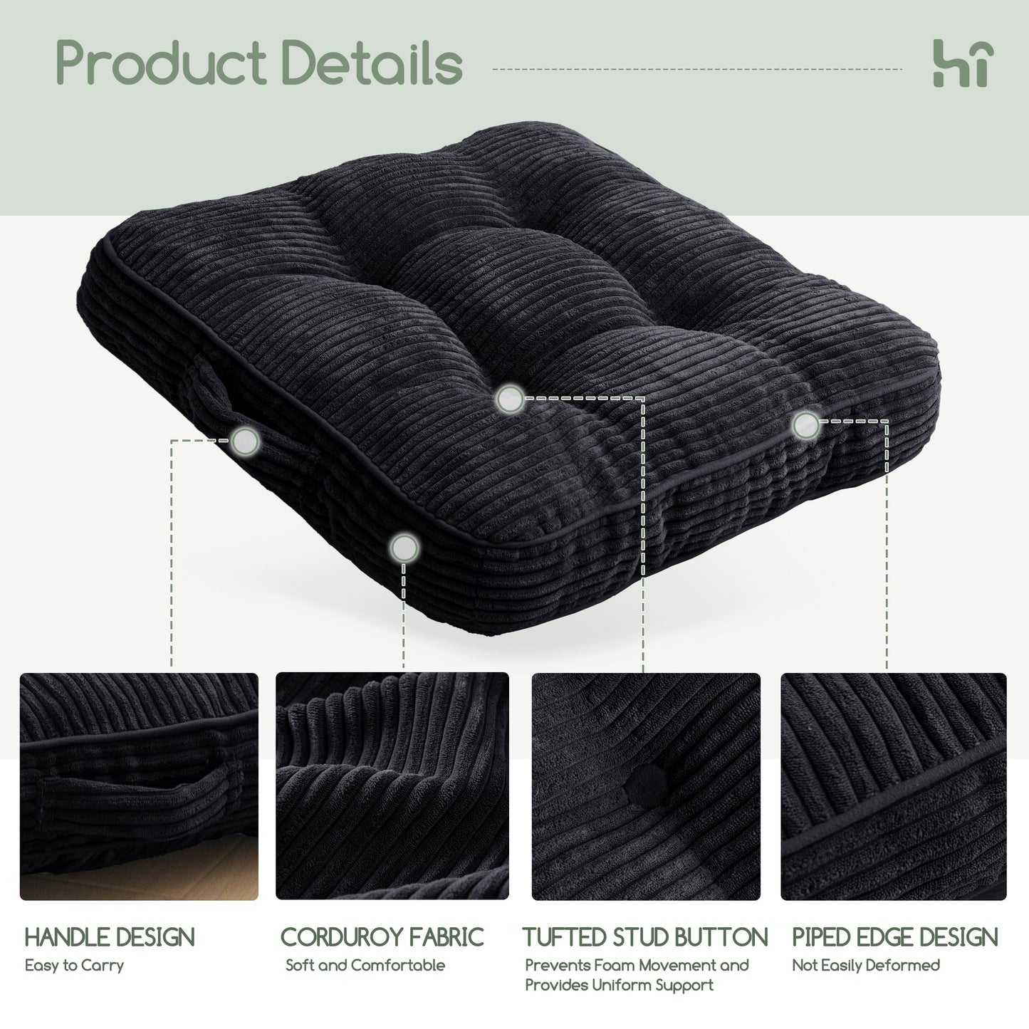 HIGOGOGO Floor Pillow Cushion for Adults, Meditation Cushion Pillow, Large Square Floor Sitting, Tufted Corduroy Cover, for Tatami Living Room or Yoga, 22x22 Inch, Black