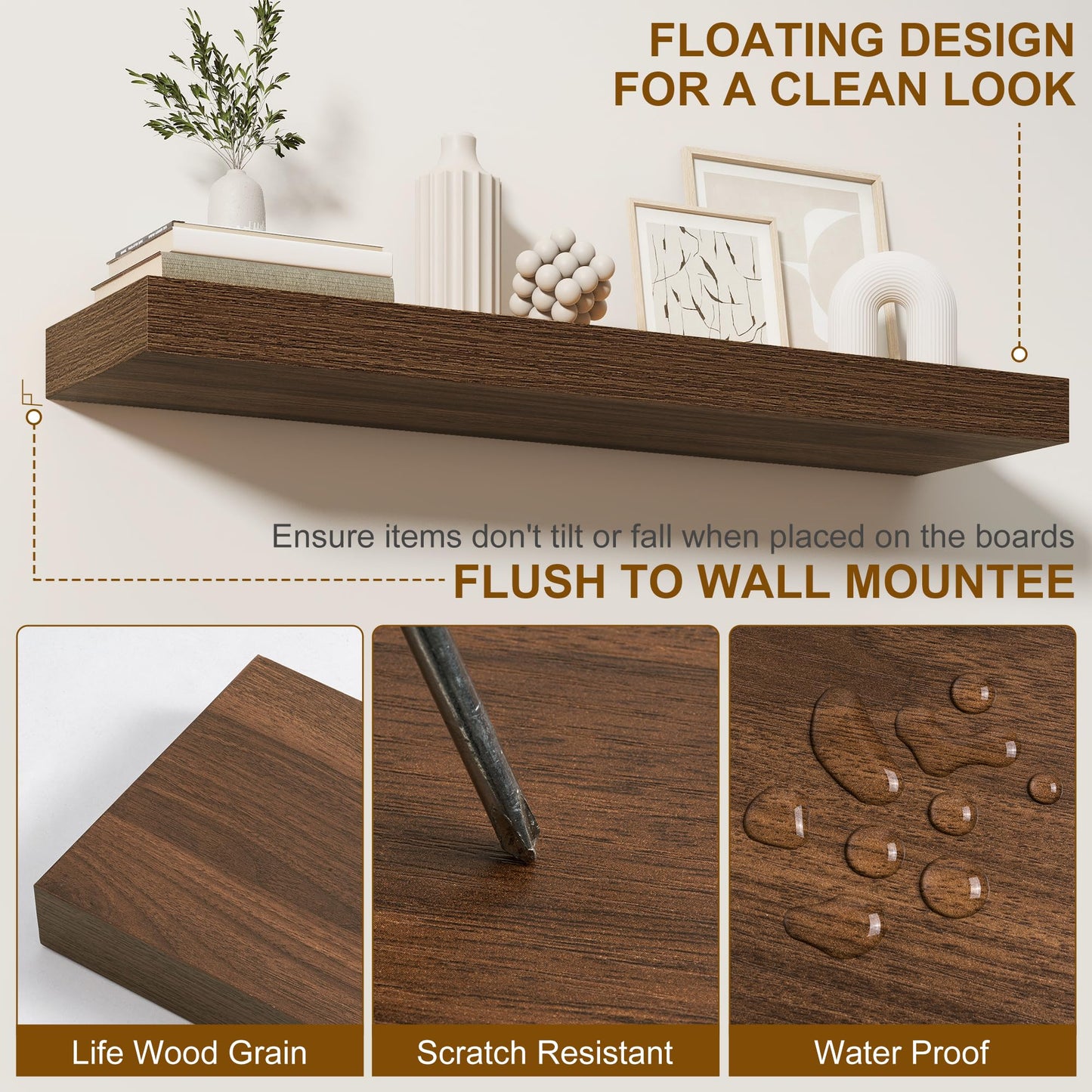 Fun Memories Floating Shelves for Wall, 20 Inch Floating Shelves Set of 2, Hanging Shelf with Invisible Brackets, Wood Shelves for Living Room, Bedroom, Kitchen, Walnut