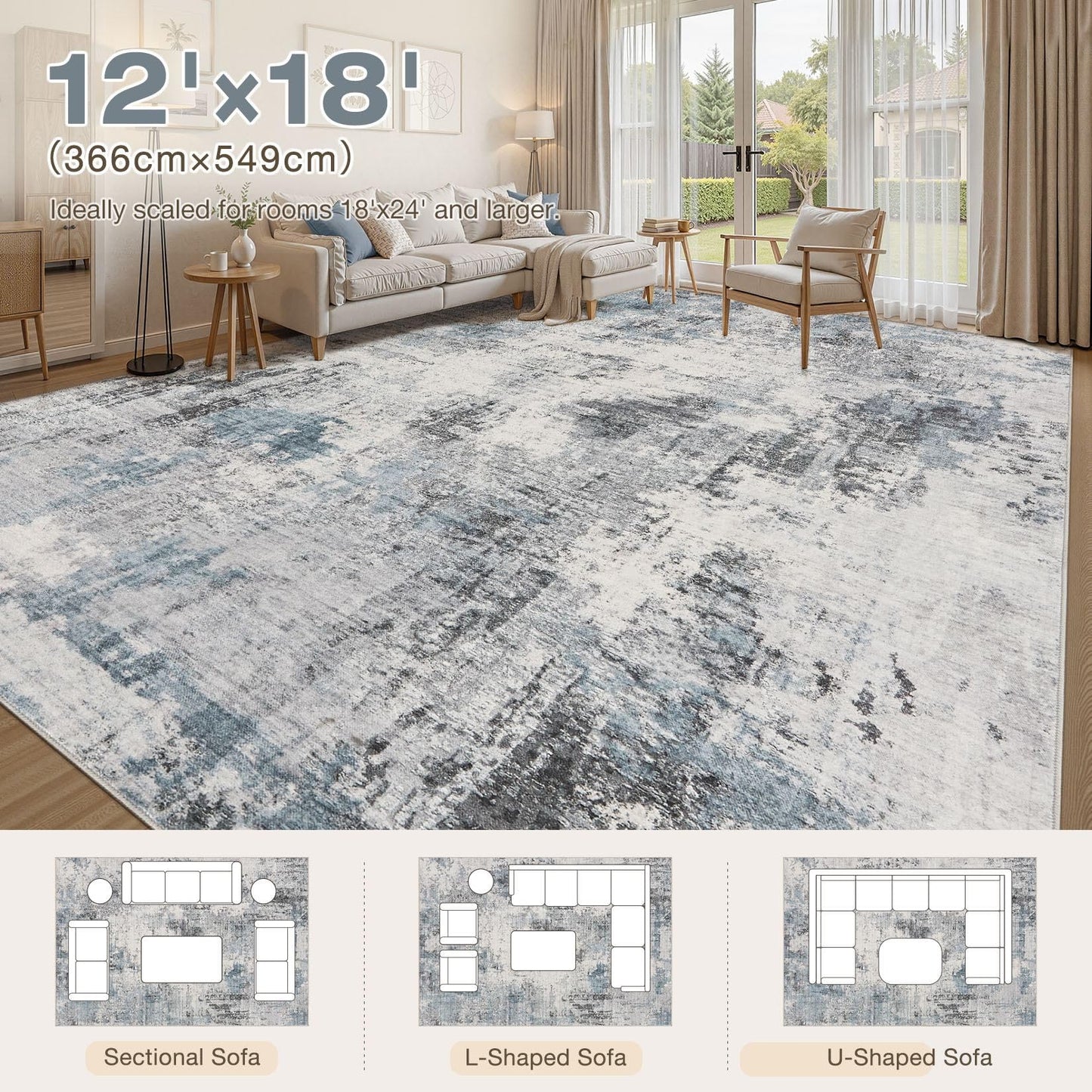 TARANCH Abstract 12x18 Area Rug: Machine Washable Non Slip Ultra Thin Low-Pile Carpet, Soft Stain Resistant for Living Room Bedroom Office, Kid Pet Friendly, Robot Vacuum Compatible - Grey Blue