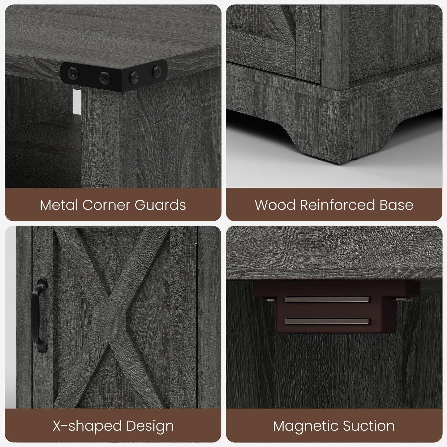 RoyalCraft Farmhouse Nightstand, End Table with LED Lights and Charging Station, Tall Bedside Table with Large Storage and Shelf, Wooden Side Table for Bedroom, Home Office, Dark Grey