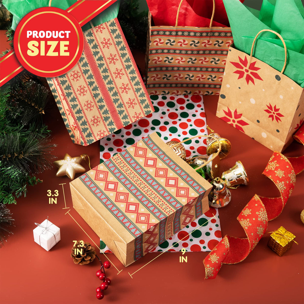 JOYIN 24 PCS Christmas Kraft Gift Bags for Present Wrapping, Holiday Paper Goody Gift Treat Candy Bags for Xmas Decor Supplies Classrooms Wedding and Party Favors (9" x 7.3" x 3.3")