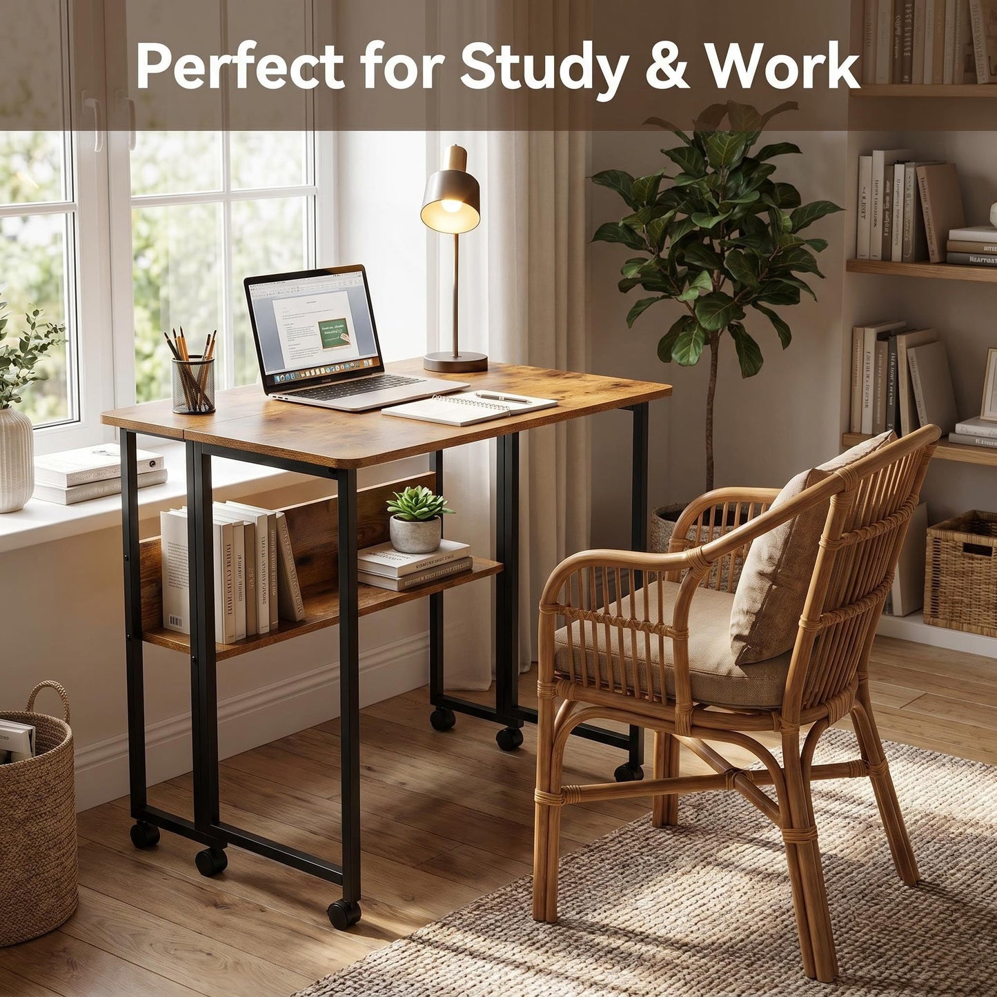 Windpost Mobile Foldable Desk w/Wheels and Feet Pads, Foldable Computer Desk, Folding Desk, Small Computer Desk for Small Spaces, Folding Table for Office Bedroom Living Room-Rustic Brown