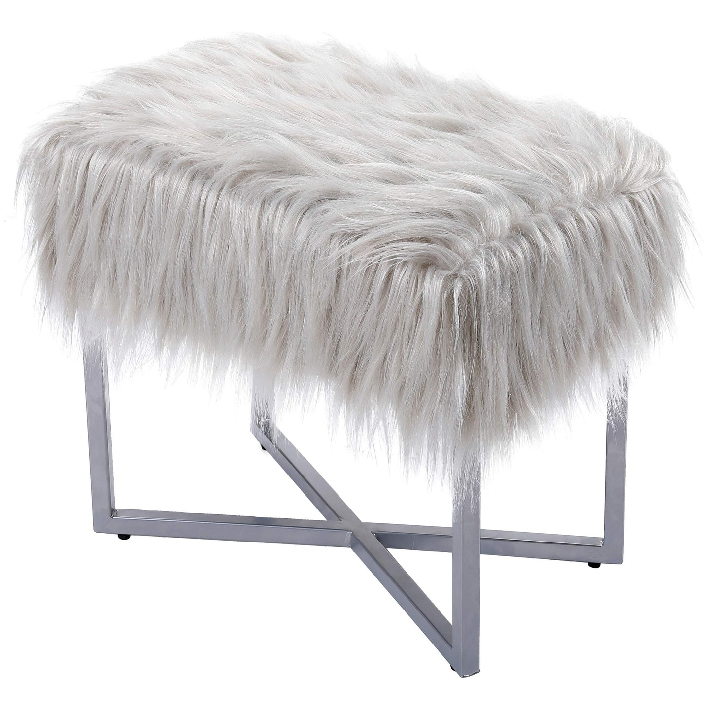 BIRDROCK HOME Rectangular Faux Fur Vanity Foot Stool Ottoman with Metal Legs - Small Soft Padded and Fluffy Makeup Seat or Foot Rest for Bedroom, Desk, or Dressing Table (Gray and Silver)