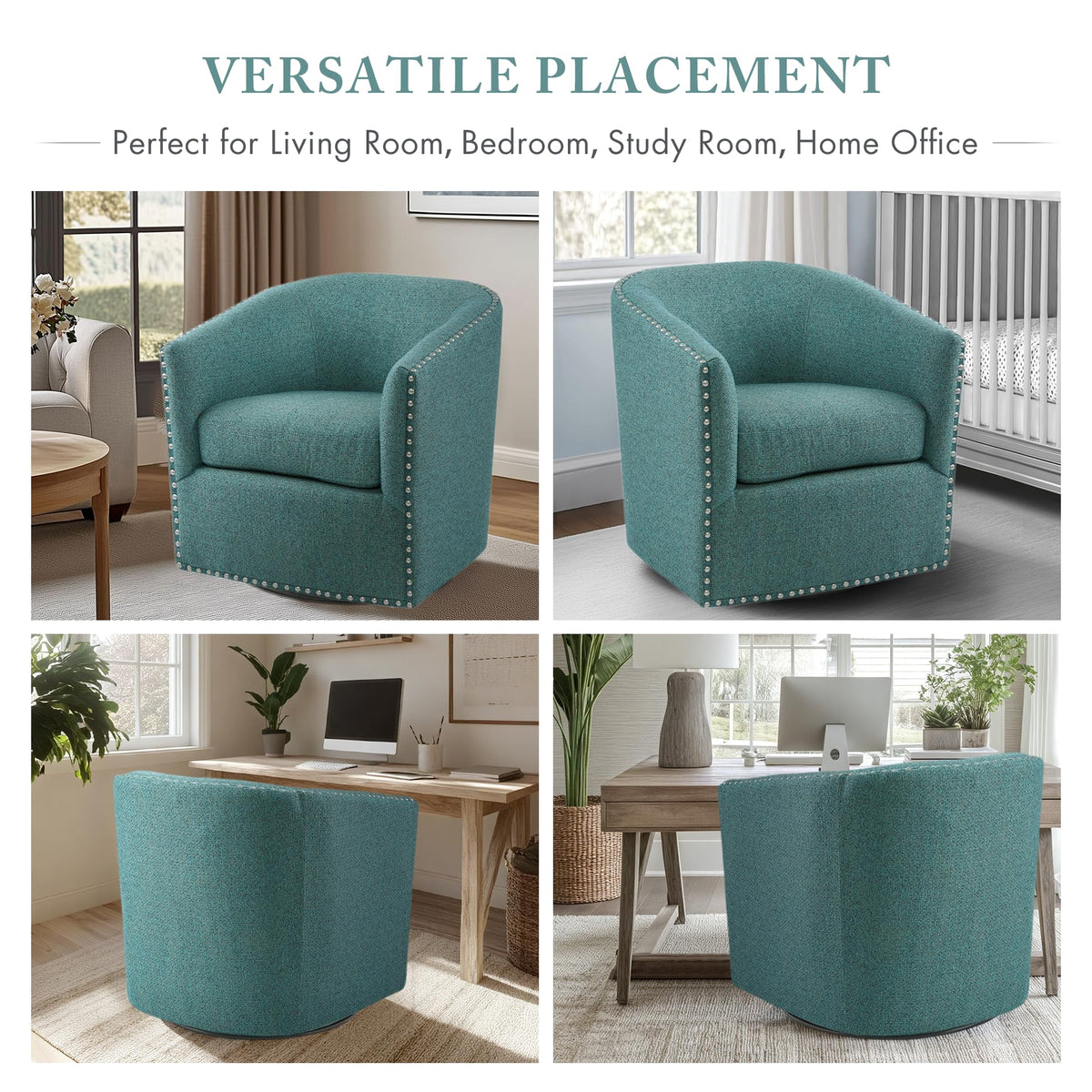 Madison Park Swivel Barrel Accent Chair, Upholstered Curved Back with 7-Inch Thick Woven Cushion, 360° Swivel, Nailhead Trim, Comfy Chair for Living Room, Bedroom, Office, 28" Wide, Teal, Tyler