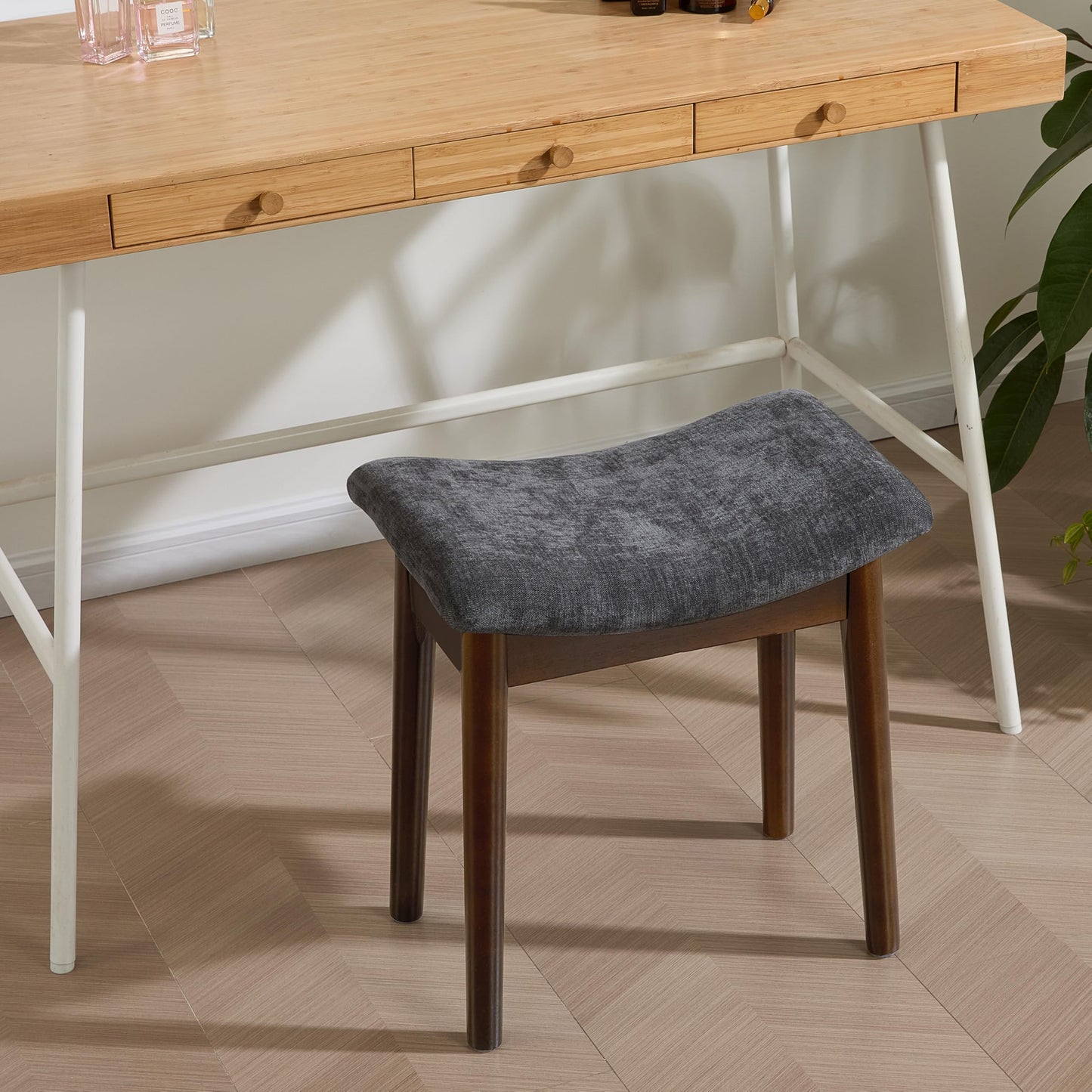 Royal Windsor Vanity Stool with Saddle Cushion, 18 Inch Makeup Vanity Chair for Living Room, Modern Foot Stool Ottoman Piano Bench,Small Upholstered Bench for Bedroom, Dark Grey