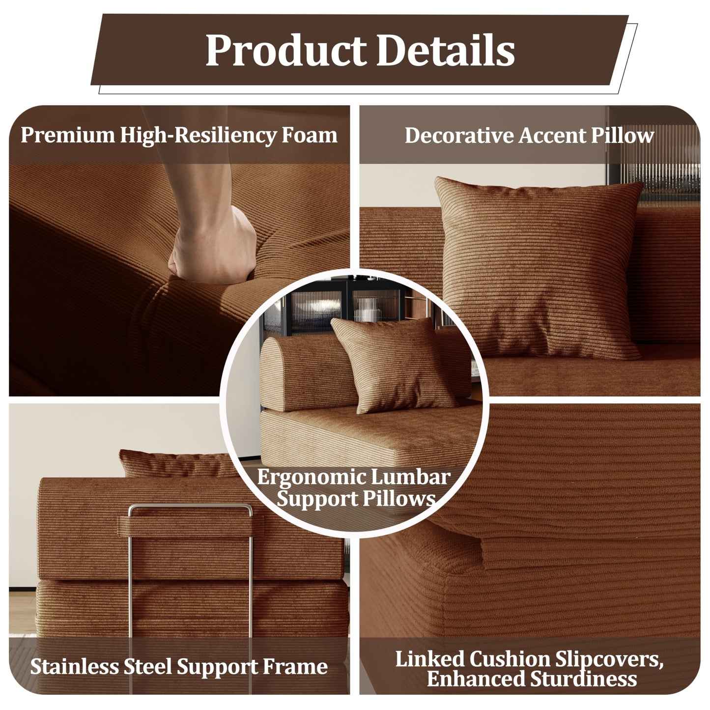 31.5'' Convertible Compressed Corduroy Folding Sofa Bed, Modern Boneless Pull Out Sleeper Sofa Couch in a Box, 3 in 1 Portable Lazy Floor Lounge Chair, No Assembly Needed, Caramel, Pillow, Single