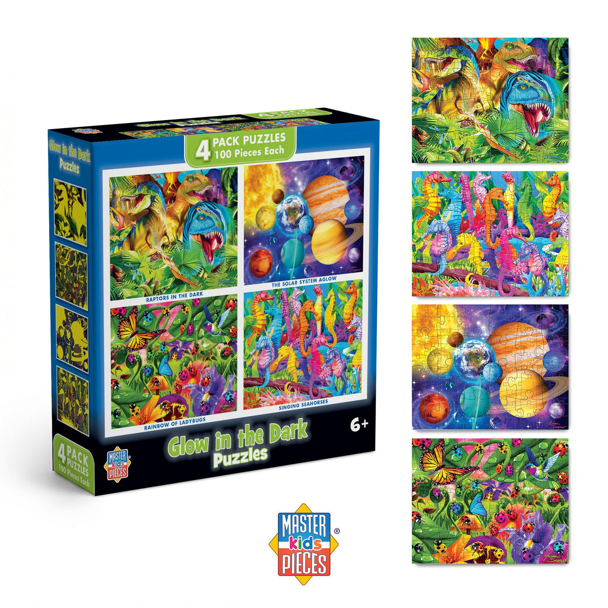 MasterPieces – Jigsaw Puzzle Set for Kids 6+ Years, 4-Pack of 100 Pieces, Educational and Fun Game, Blue Glow in The Dark Collection, Gift Idea for Children, 8" x 10