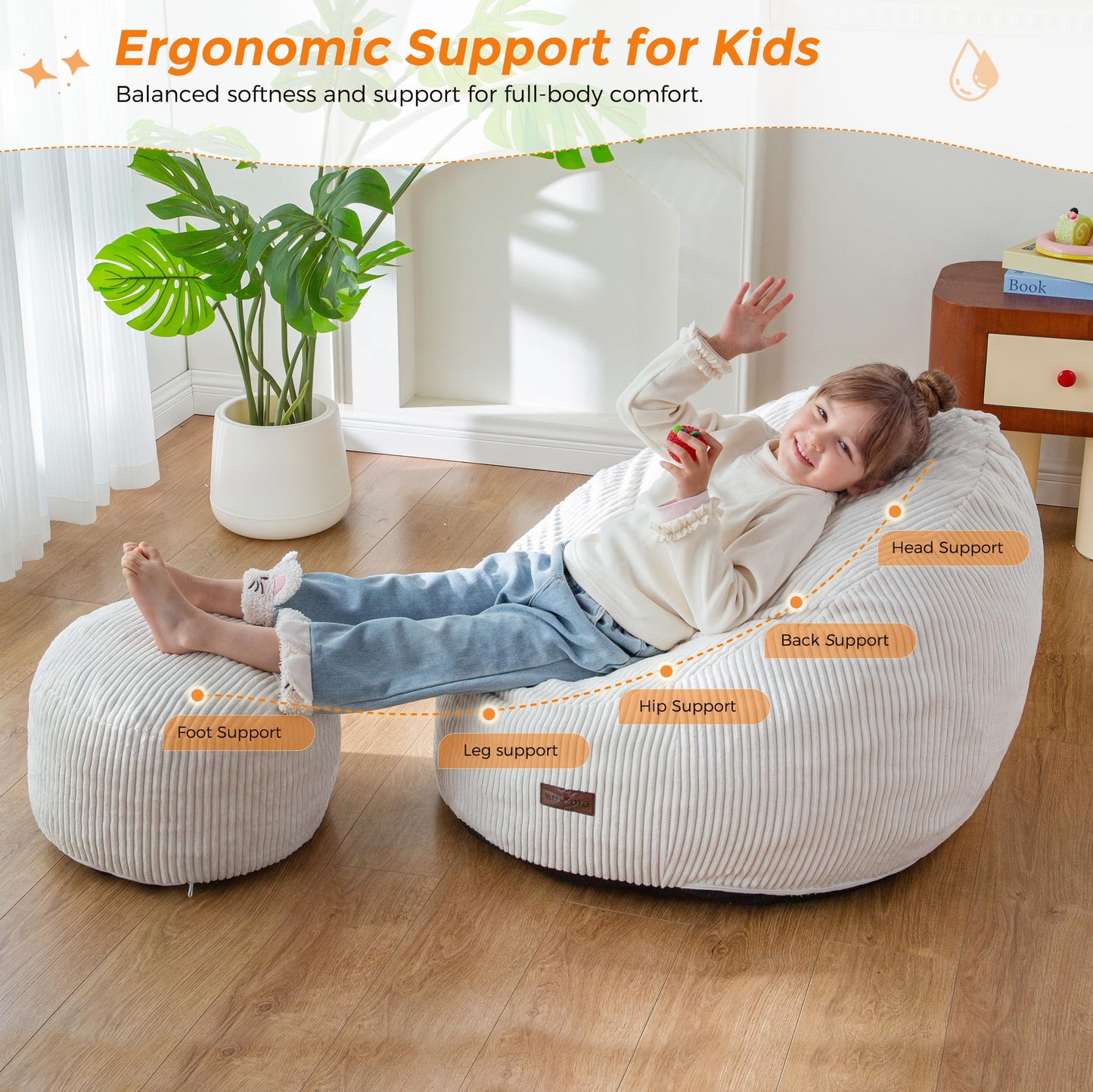 MAXYOYO Kids Bean Bag Chair with Ottoman, Soft Plush Bean Bag Sofa with Removable Cover for Boys and Girls, Convenient Floor Seat with Handle, Comfy Toddler Lounge Chair for Playroom, Bedroom, Beige