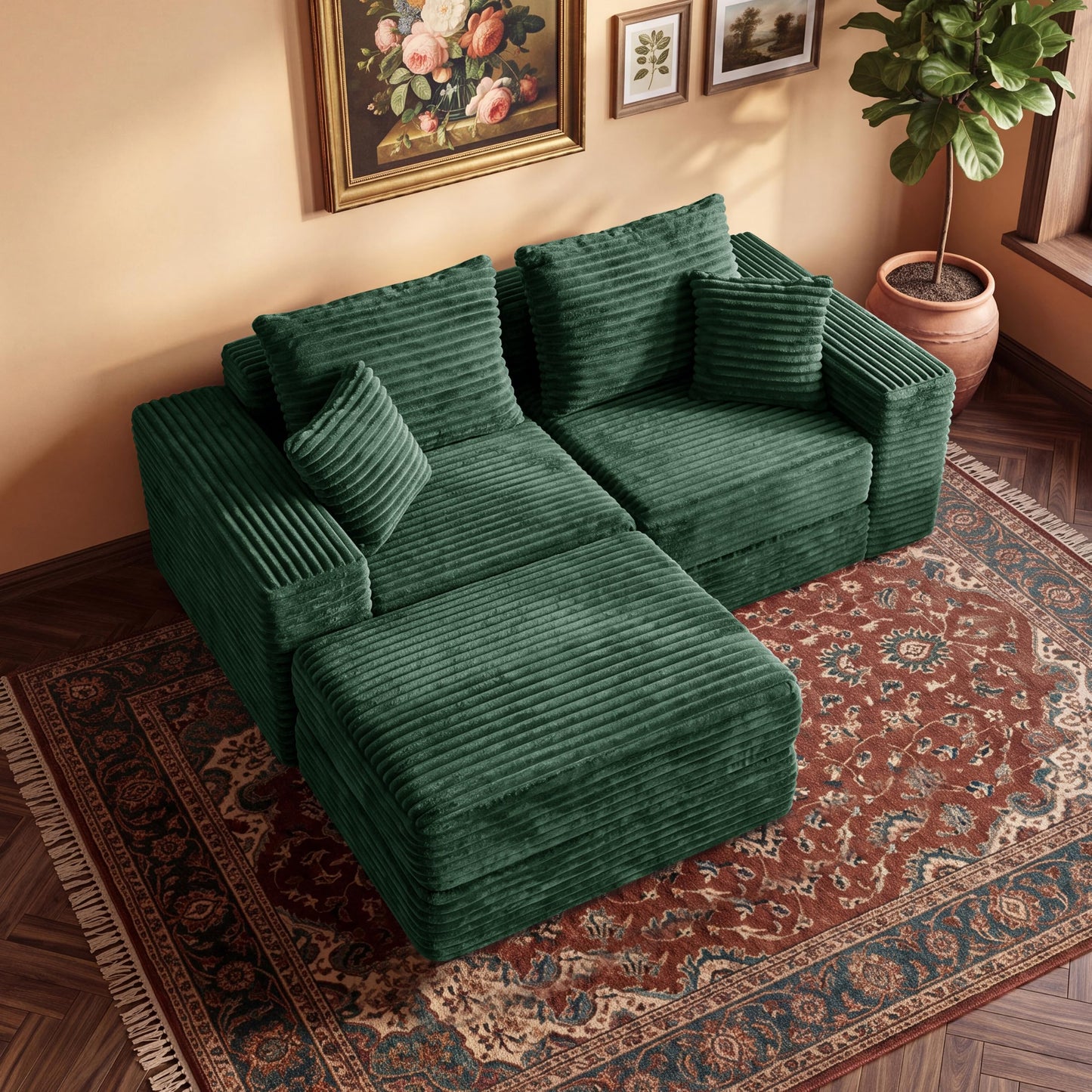 75'' L-Shaped Cloud Modular Sectional Couch with Chaise, Modern Corduroy Memory Foam Sofa Bed, Upholstered Boneless Deep Seat Fluffy Sleeper Sofa, for Living Room, No Assembly Needed (Green)