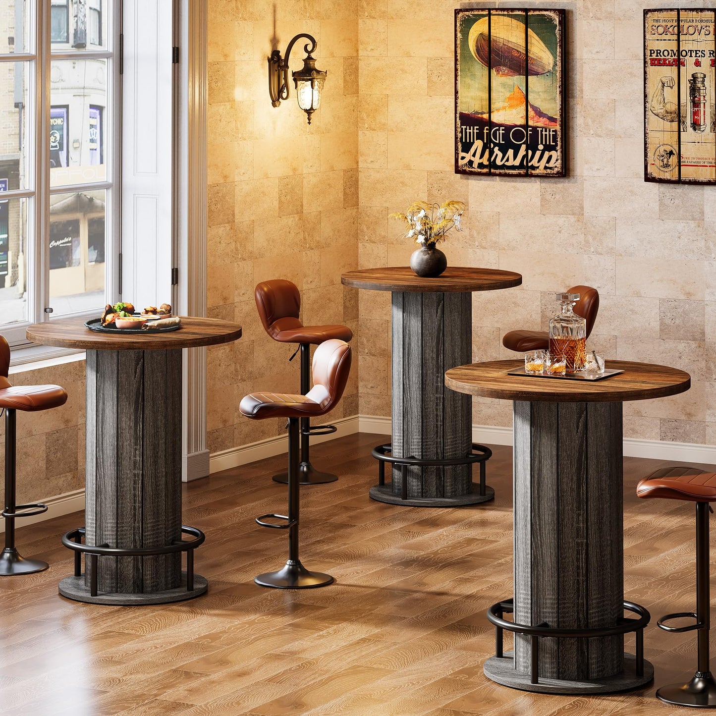 Tribesigns Round Bar Table, 39.4" H Wood Bistro Pub Table with Metal Ring Footrest for Dining Coffee Cocktail Living Room, Small Space, Brown & Gray (Only Table)