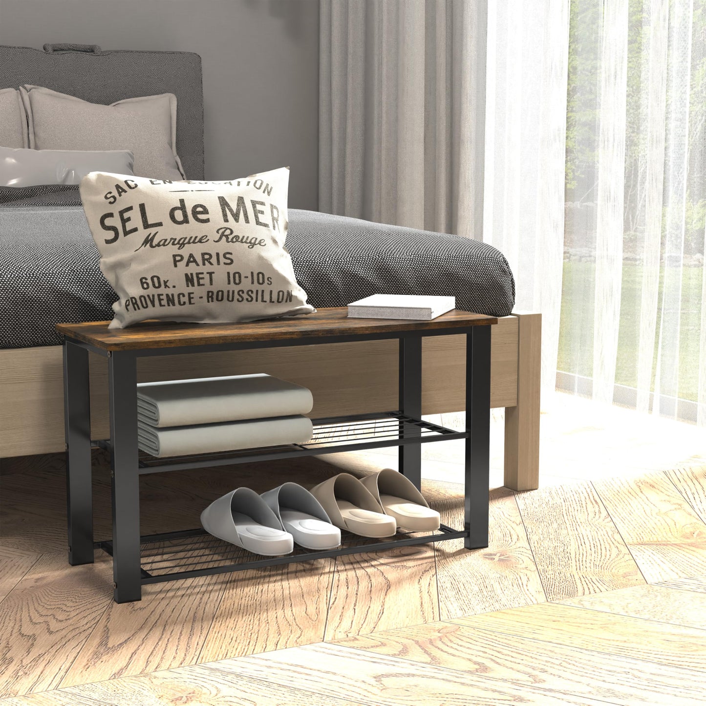 Simple Houseware Wood Top Shoe Storage Bench for Entryway, Rustic Brown