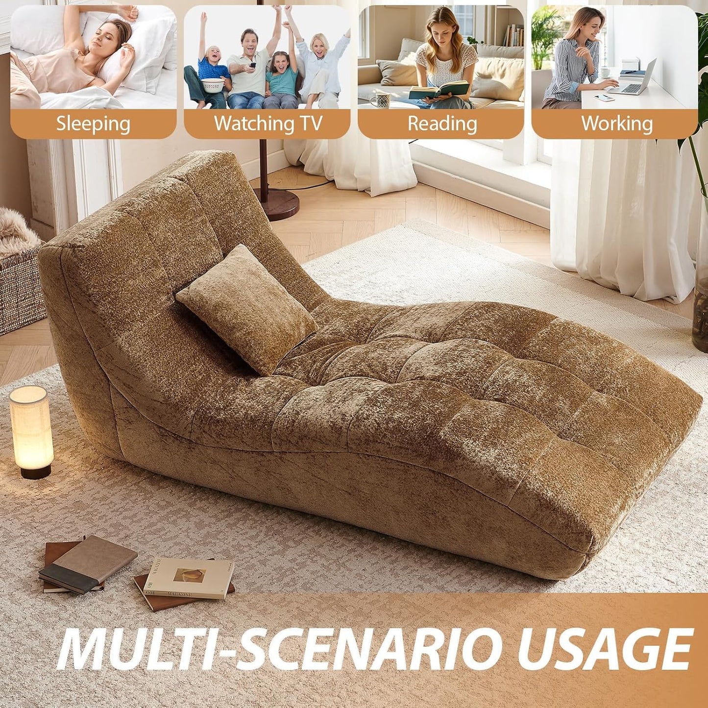 Huadeo Chaise Lounge Chair with Curved Back, Modern Upholstered Recliner Sofa, Tufted Accent Lounger Comfortable Lazy Chair for Bedroom, Apartment (Camel)