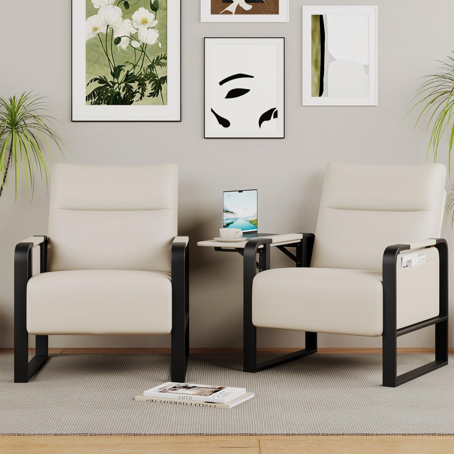 Upholstered Living Room Chair Armchair, Mid Century Faux Leather Metal Accent Chair, Reception Couch Office Guest Chair Slipper Club Lounge Single Sofa with Sidetable for Bedroom-Beige