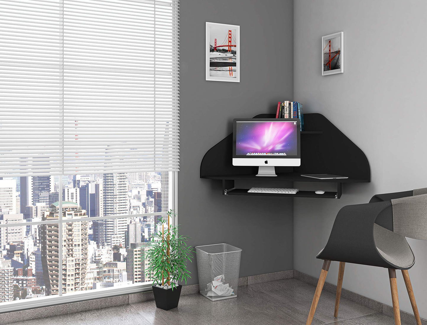 Manhattan Comfort Bradley Mid Century Modern Home Office Cubicle Section Study Desk, 2 Piece, Black