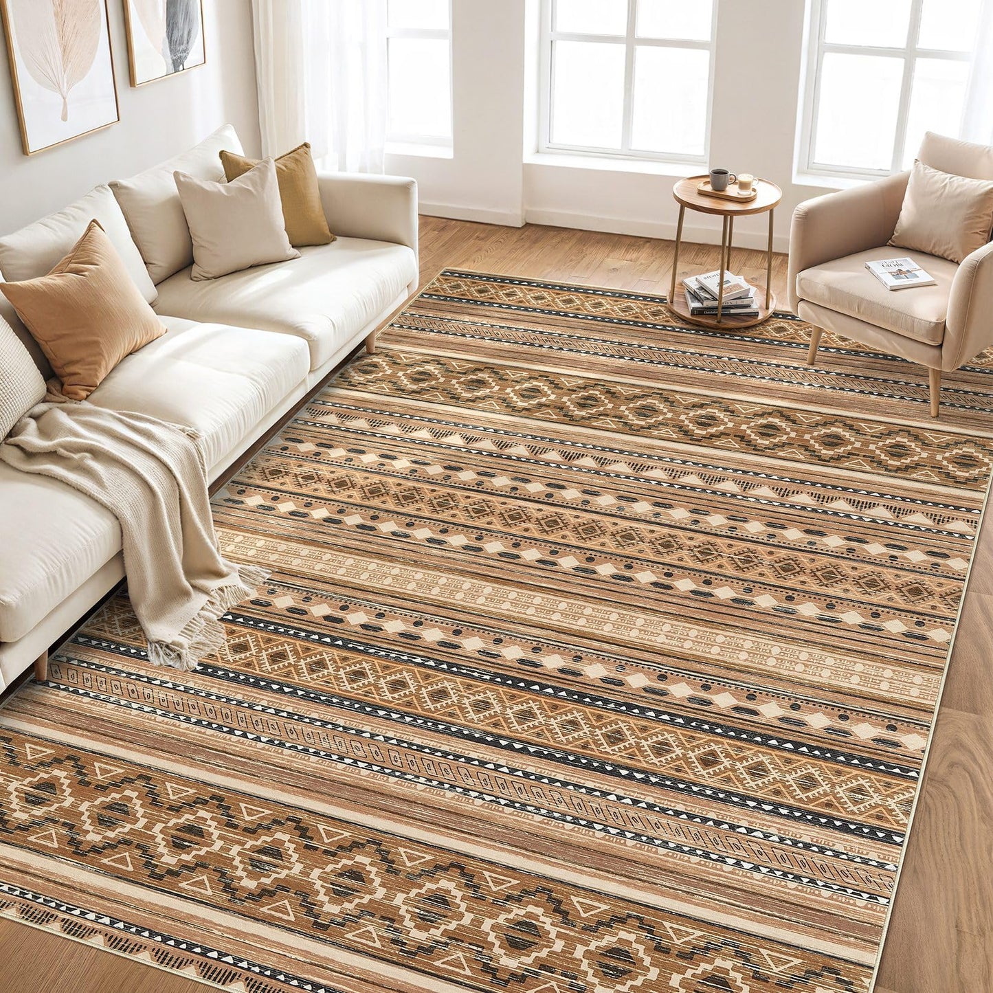 cotiled 5x7 Area Rugs Living Room Rug: Washable Boho Rugs with Non Slip Backing Large Soft Indoor Stain Resistant Carpet for Bedroom Farmhouse Dining Room Lightweight Home Decor Brown/Beige