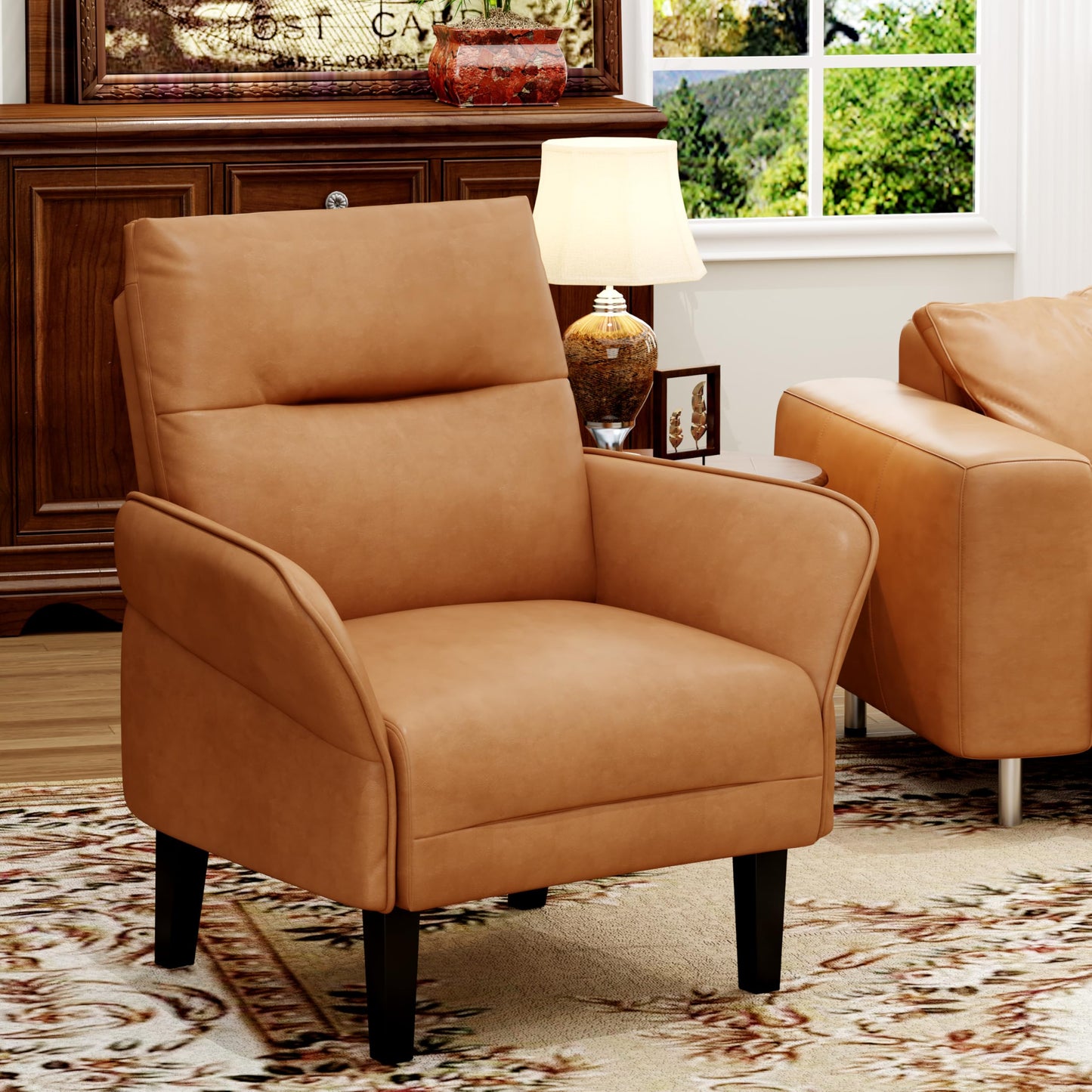 ALISH Mid-Century Accent Chair,Uphsoltered Modern Armchair Side Chairs with Wood Legs,Faux Suede Single Sofa Chair for Living Room, Bedroom (Brown, Set of 1)