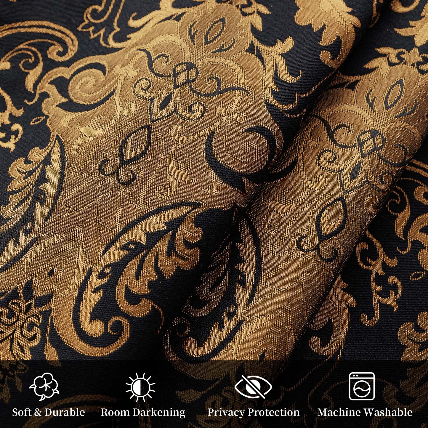 Loom and Mill Luxury Black Damask Curtains for Bedroom, Textured Lined Jacquard Curtains 2 Panels with Tiebacks, Window Curtain for Living Room Banquet Halloween Decor, Rod Pocket(52”x 84”, 2 Panels)