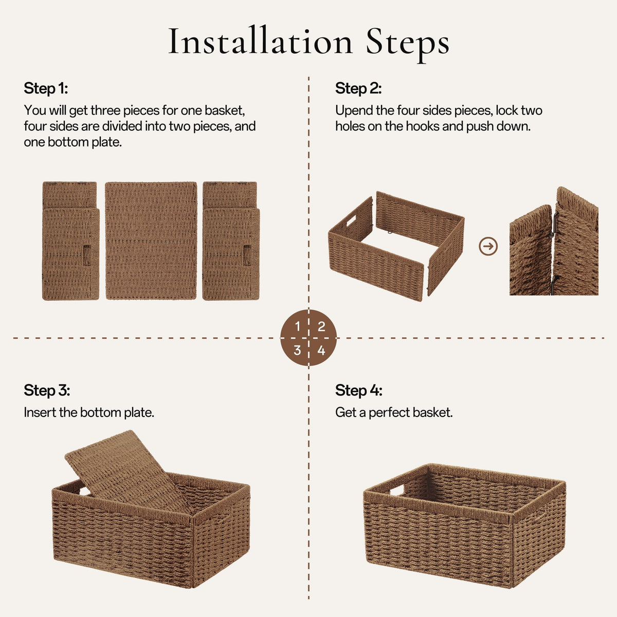 UBBCARE 2 Pack Wicker Basket, 13.4L×8.3H×7.1W inch Woven Paper Rope Storage Baskets for shelves, Foldable Rectangular Storage Baskets with Handle, Storage Basket for Organizing, Caramel