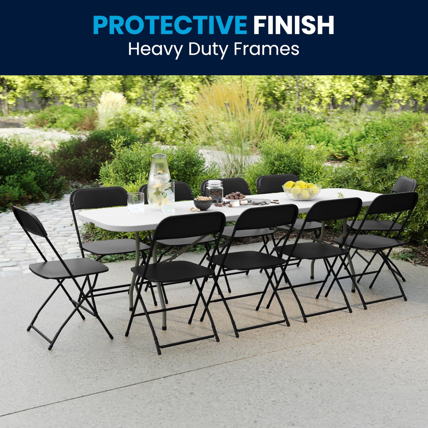 Flash Furniture 8' Plastic Bi-Fold Training Table Set with 10 Folding Chairs, 11-Piece Rectangular Folding Training Table and Chairs Set, White/Black