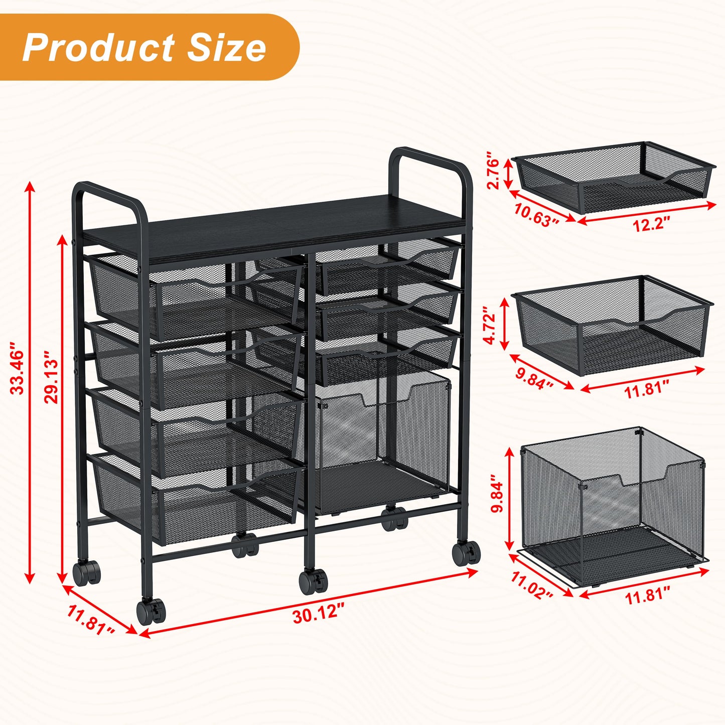 Aokitsink Rolling Cart with Drawers,8-Drawer Storage Cart with Wooden Tabletop and Lockable Wheels,Craft Storage & Art Supply Organizer,Letter-Size File Drawer for Classroom, Office & Home