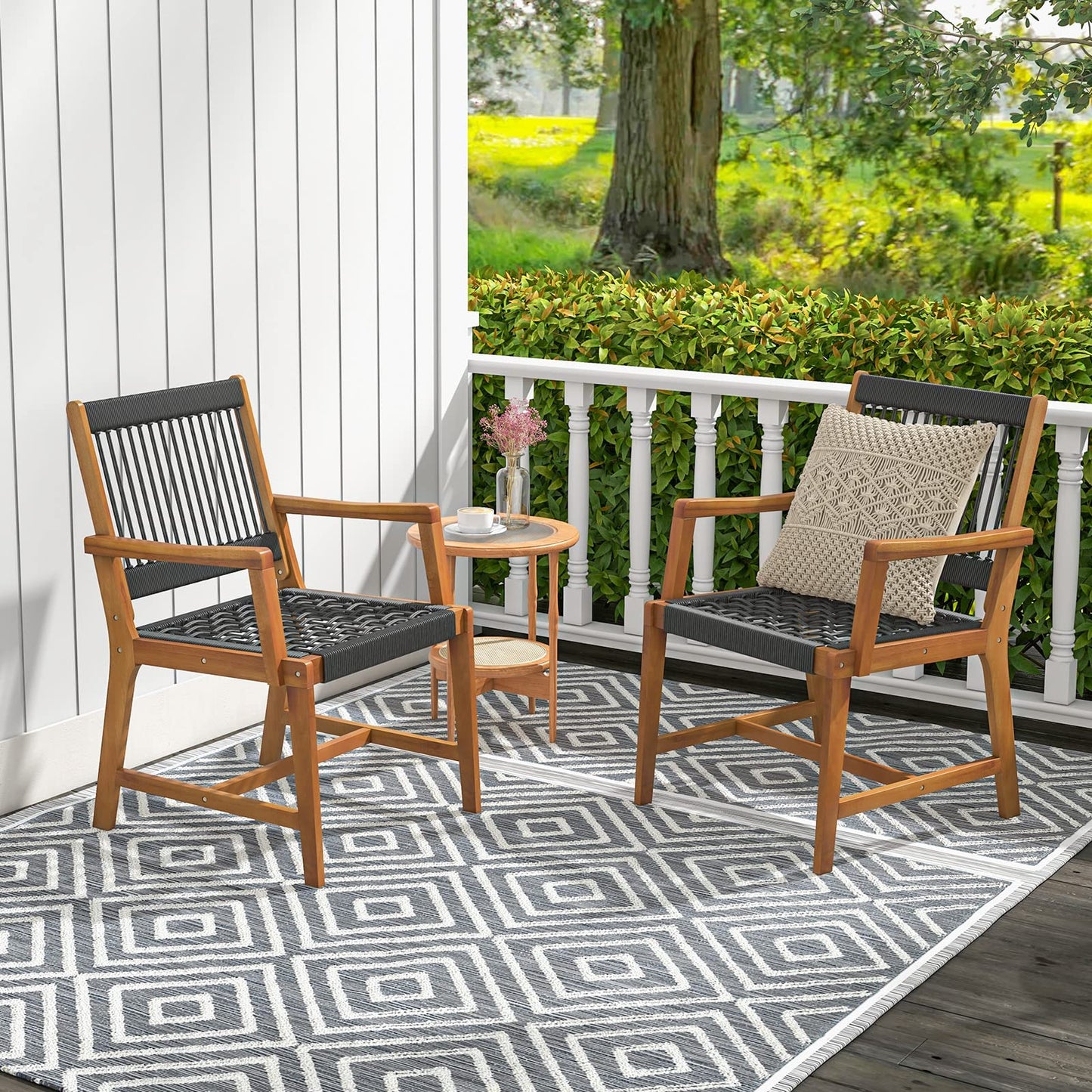 Tangkula Outdoor Acacia Wood Dining Chairs Set of 2, All-Weather Rope Woven Patio Chairs with Armrests, Outdoor Armchairs for Patio, Lawn, Garden, Backyard (1)