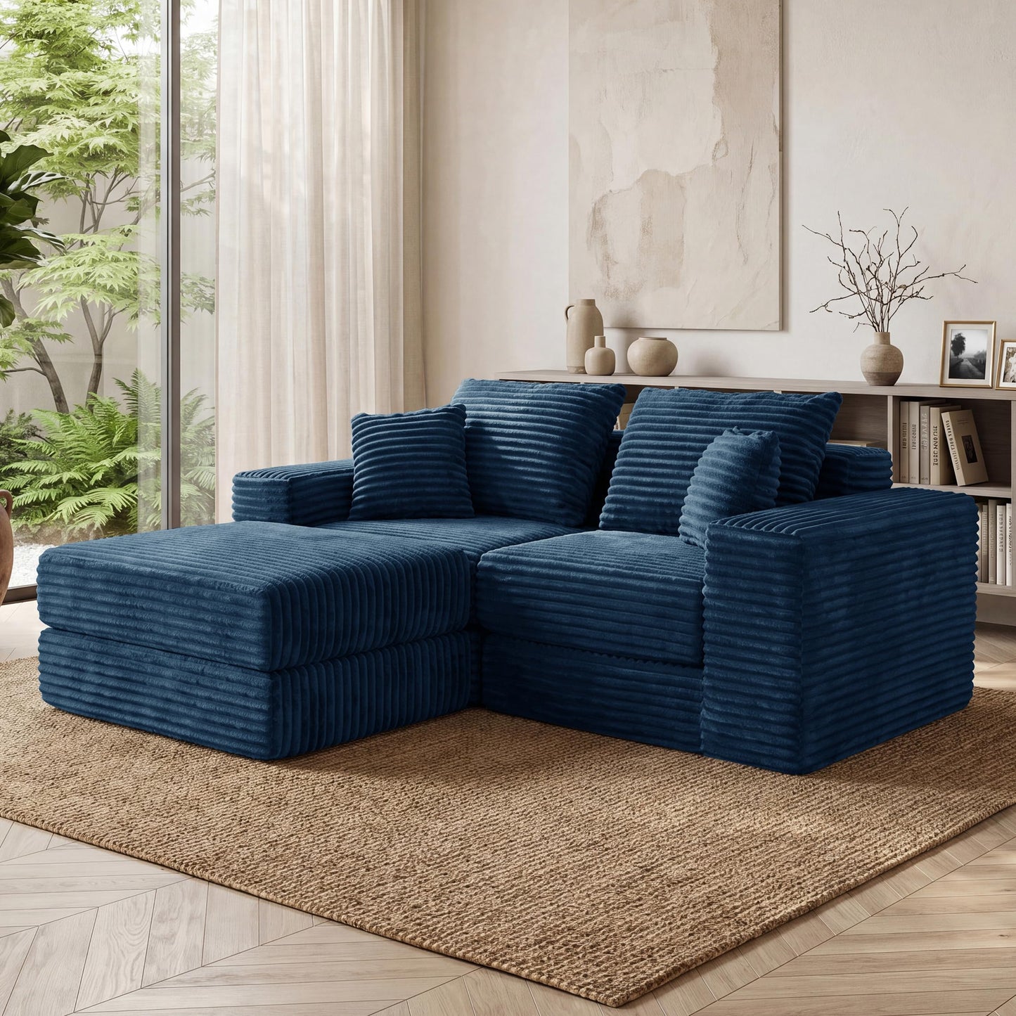 75'' L-Shaped Cloud Modular Sectional Couch with Chaise, Modern Corduroy Memory Foam Sofa Bed, Upholstered Boneless Deep Seat Fluffy Sleeper Sofa, for Living Room, No Assembly Needed (Blue)